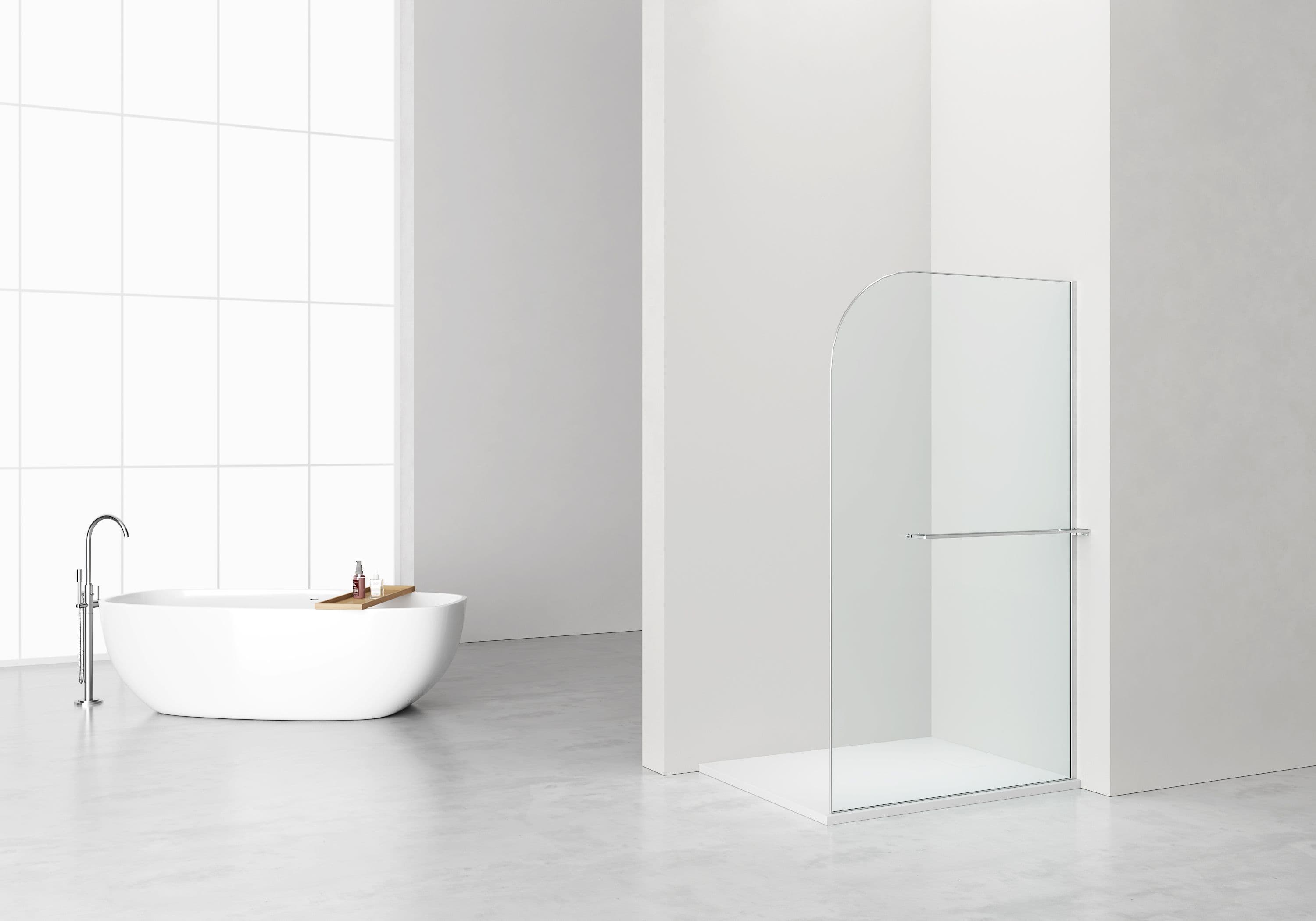 CURVY DOUCHE À L'ITALIENNE AVEC PORTE-SERVIETTE - COURBÉE - TRAITEMENT ANTI-CALCAIRE - RÉVERSIBLE - VERRE DE SÉCURITÉ 8MM - 120X200CM - CHROME - VERRE CLAIR vue 1