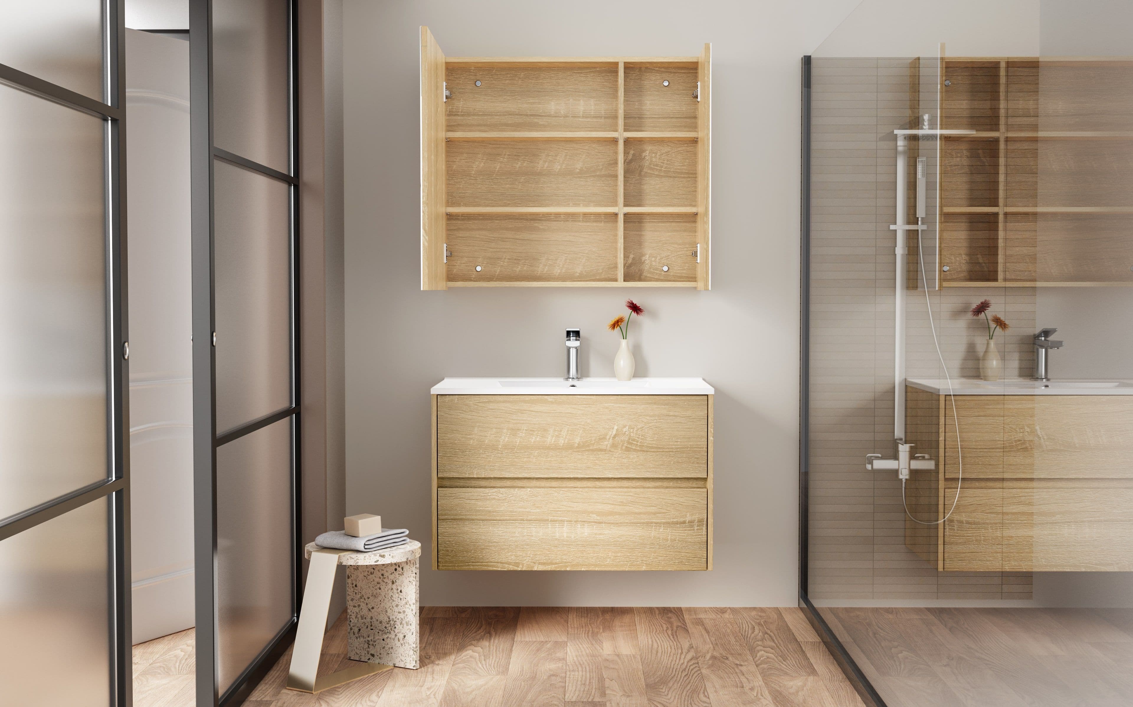 HAYAT ARMOIRE MIROIR - 2 PORTES MIROIRS ASYMÉTRIQUES, À UN SEUL CÔTÉ - 4 ÉTAGÈRES RÉGLABLES EN HAUTEUR - 80X70X15 CM - CHÊNE vue 1