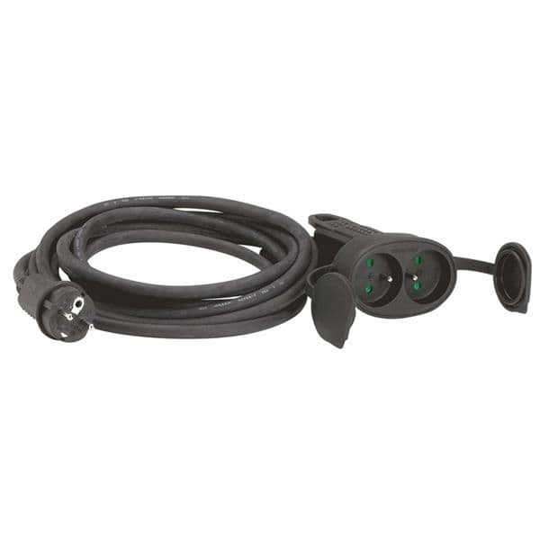 Cordon double prolongueur 10m 2 pôles + T - 16A - IP44 - IK08 - Noir vue 1