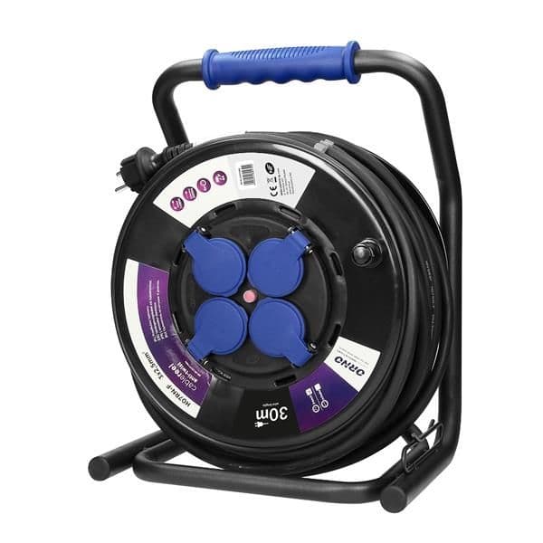 Enrouleur de câble avec 4 prises fixes, 30m IP44, 4 prises 2 pôles + T, câble caoutchouc vue 1