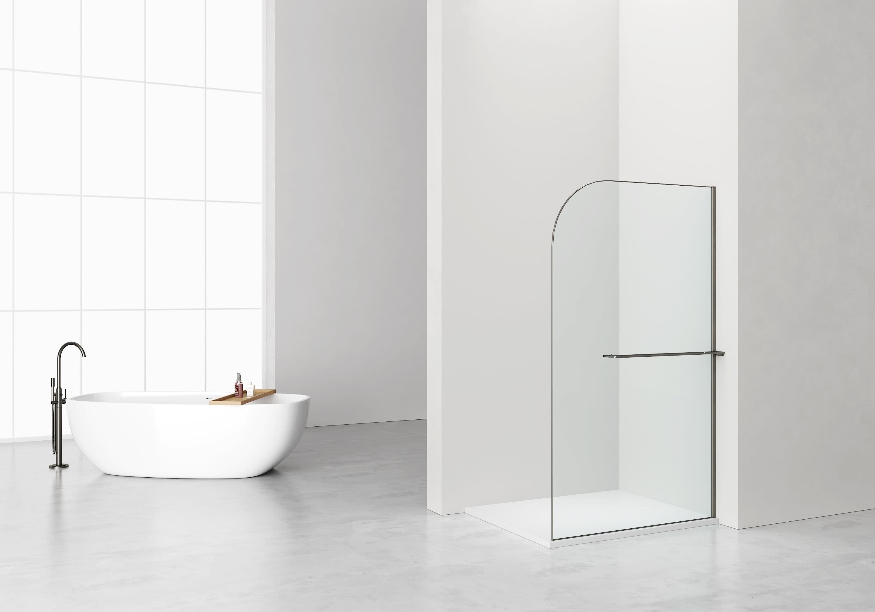 CURVY DOUCHE À L'ITALIENNE AVEC PORTE-SERVIETTE - COURBÉE - TRAITEMENT ANTI-CALCAIRE - RÉVERSIBLE - VERRE DE SÉCURITÉ 8MM - 120X200CM - GUNMETAL - VERRE CLAIR vue 1