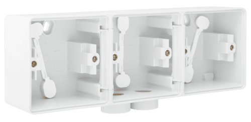 Triple boîte en saillie horizontal étanche aux projections d'eau avec une entrée M20 double pour trois fonctions, couleur blanc vue 1