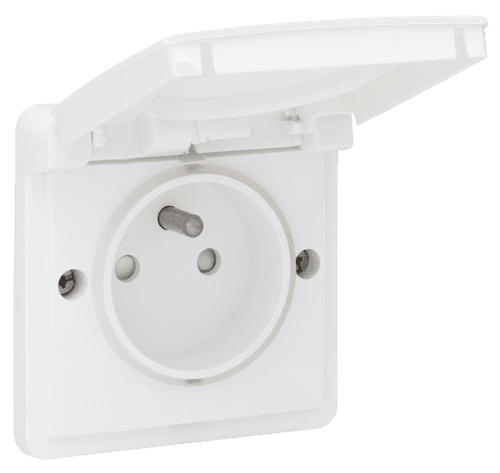 Prise de courant étanche aux projections d'eau 16 A avec broche de terre, obturateurs de protection et bornes à connexion rapide, couleur blanc vue 1