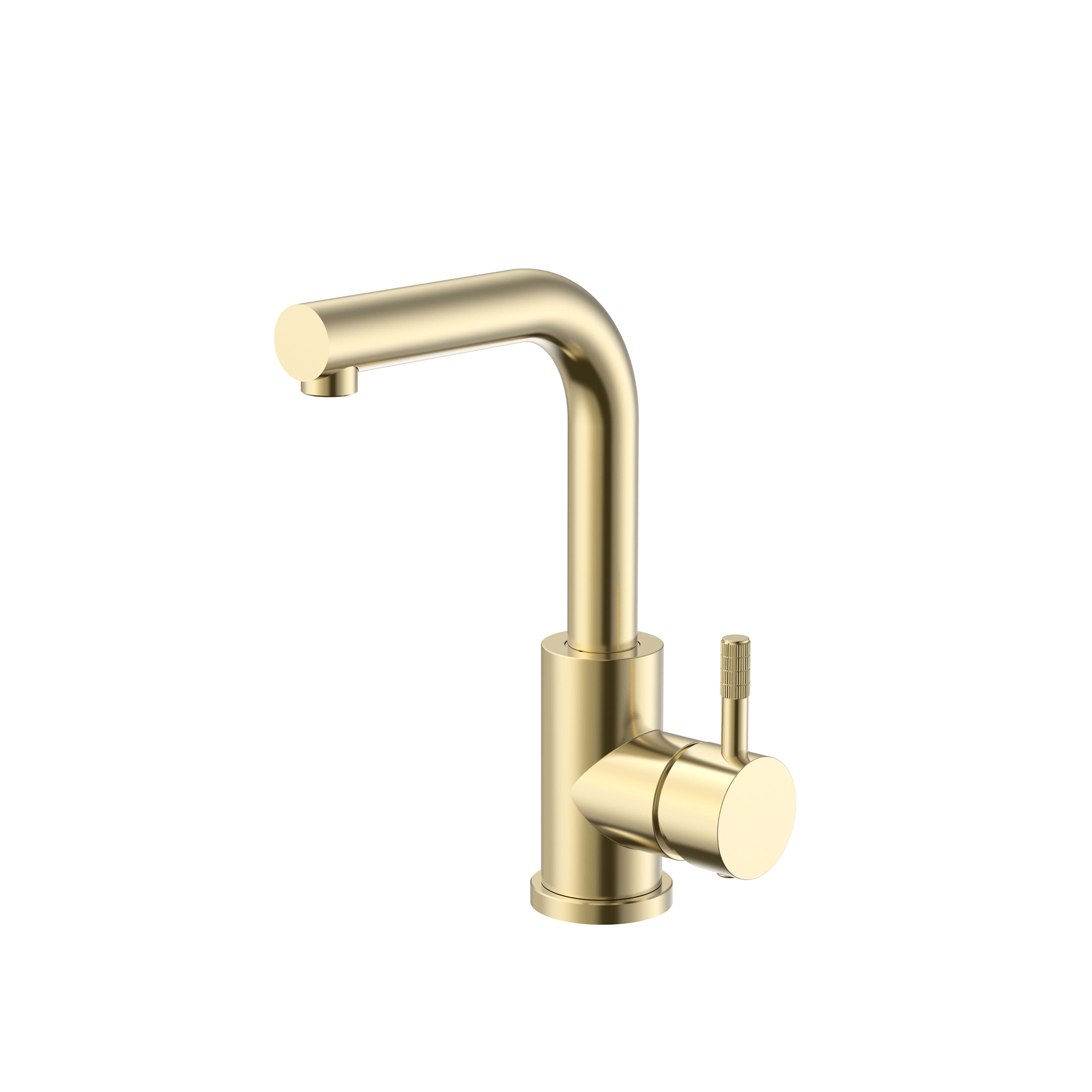 STRIA MITIGEUR LAVABO/ÉVIER – BEC DROIT – MOBILE – DÉMARRAGE À FROID – POIGNÉE AVEC STRUCTURE STRIÉE RAFFINÉE – SANS BONDE – OR BROSSÉ (PVD) vue 1