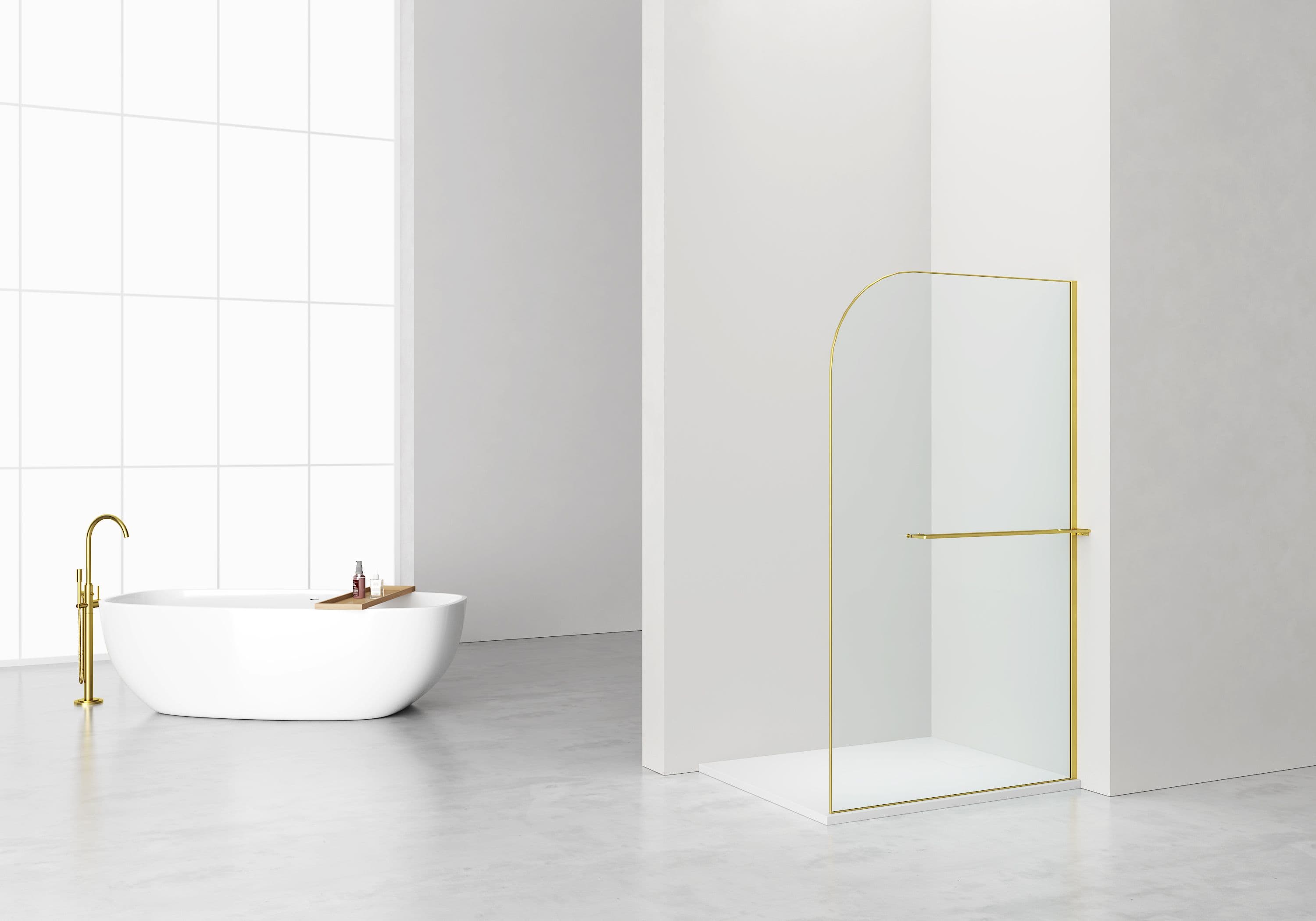 CURVY DOUCHE À L'ITALIENNE AVEC PORTE-SERVIETTE - COURBÉE - TRAITEMENT ANTI-CALCAIRE - RÉVERSIBLE - VERRE DE SÉCURITÉ 8MM - 120X200CM - OR BROSSÉ - VERRE CLAIR vue 1
