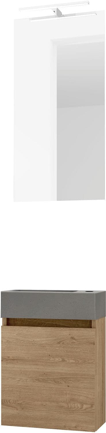 LAVE-MAINS FORM MINI BETON/ 1 PORT/MIROIR/LUMIERE LED CHENE NATURE vue 1