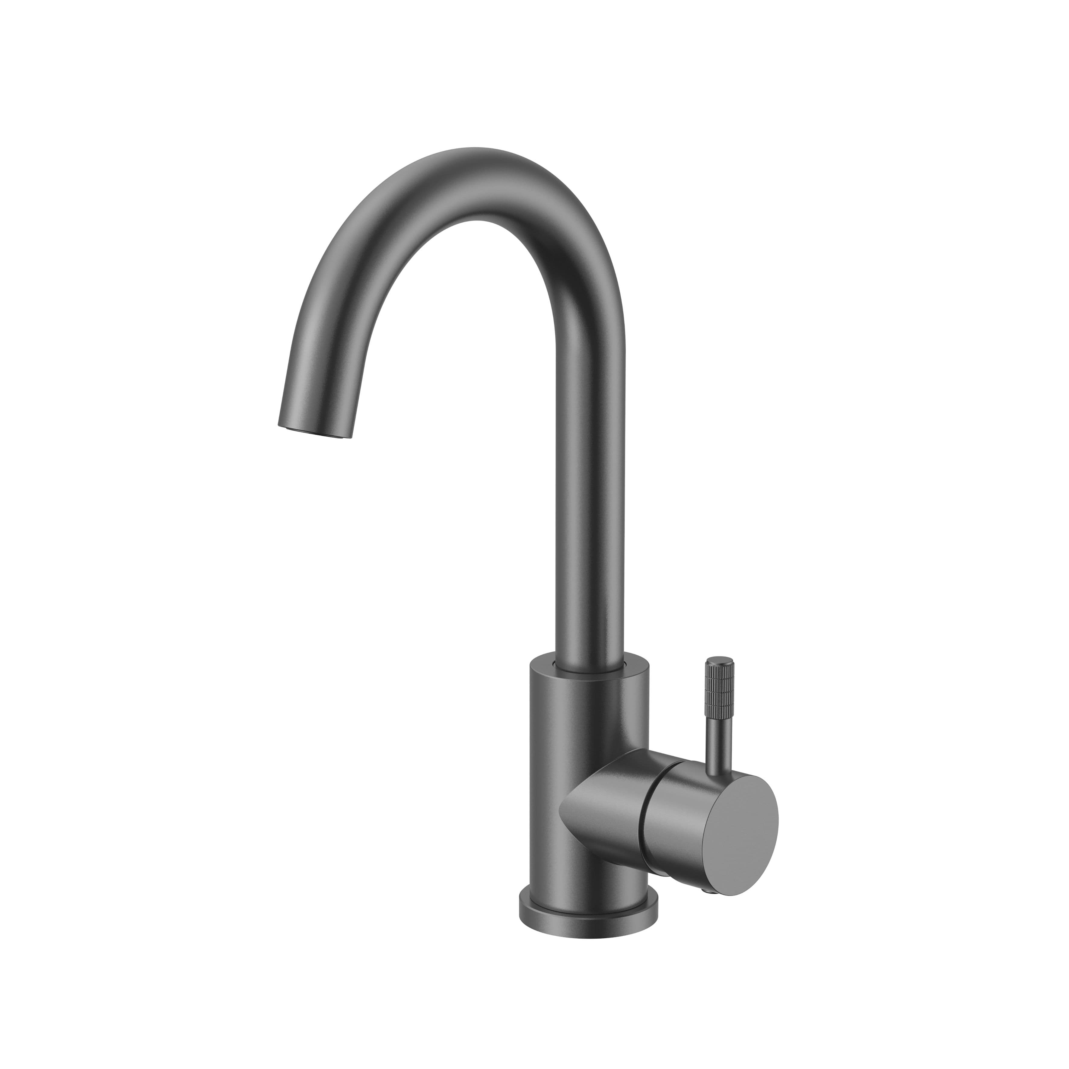 STRIA MITIGEUR LAVABO – BEC COURBÉ – MOBILE – DÉMARRAGE À FROID – POIGNÉE AVEC STRUCTURE STRIÉE RAFFINÉE – SANS BONDE – GUNMETAL (PVD) vue 1