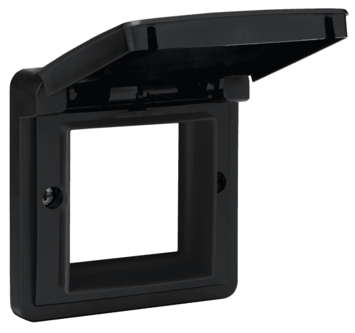 Cadre d’adaptation avec clapet pour fonctions 45 x 45 mm dans des boîtes de montage étanches, couleur noir vue 1