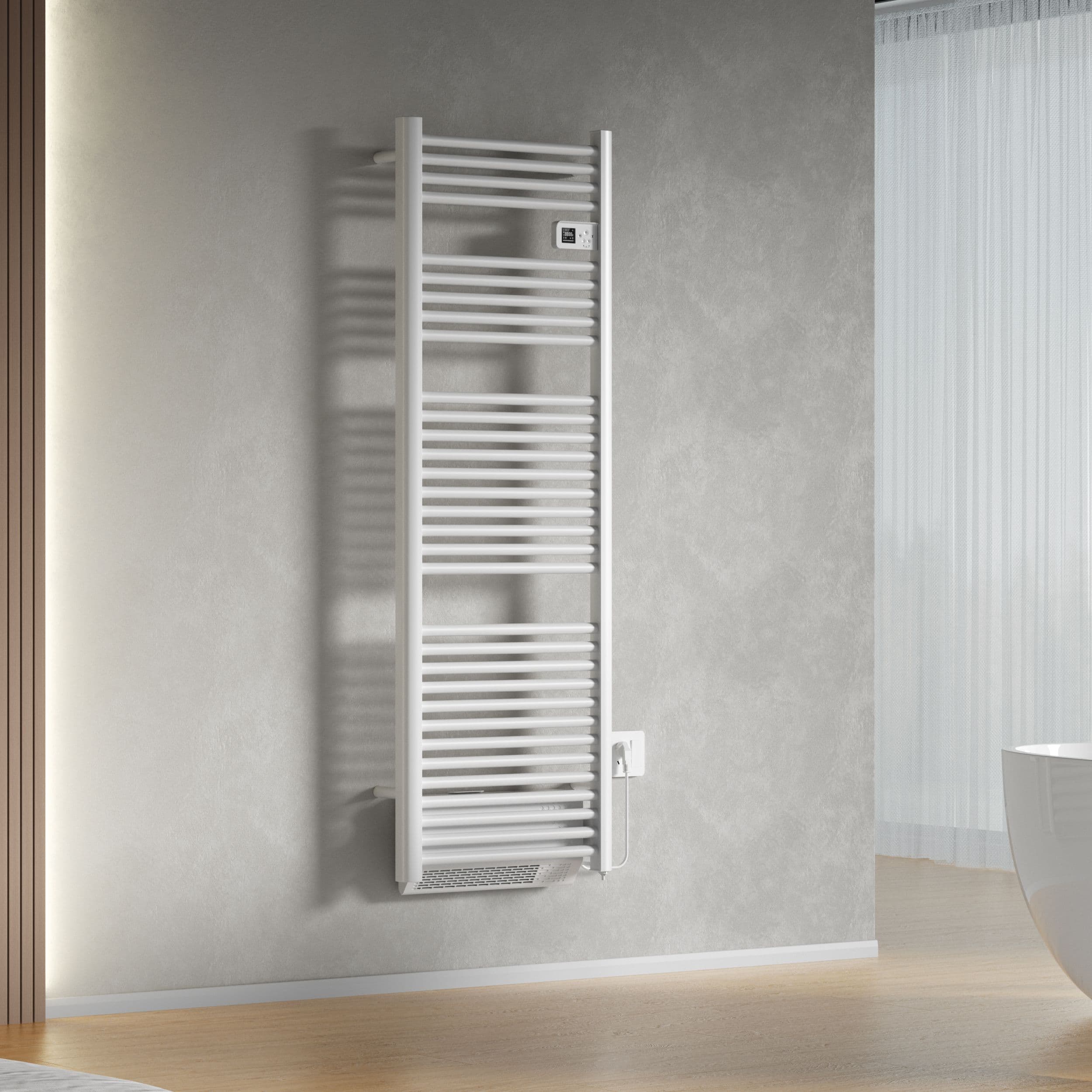BELRAD SÈCHE-SERVIETTES ÉLECTRIQUE AVEC SOUFFLEUR – AVEC THERMOSTAT NUMÉRIQUE PROGRAMMABLE – SMART WIFI - 1850W – 1640X540X133 MM – BLANC BRILLANT vue 1