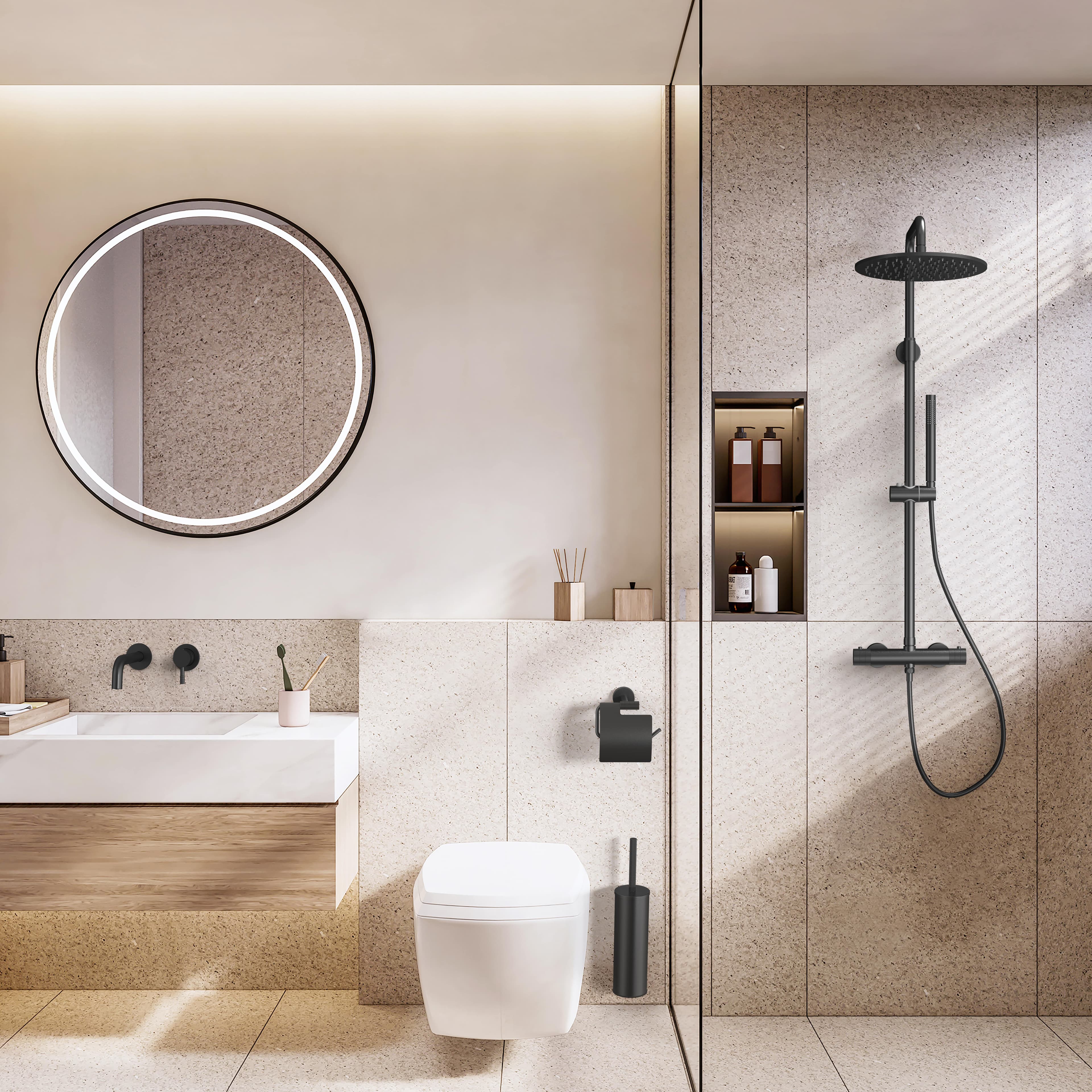 STRIA ENSEMBLE DE DOUCHE PLUIE – THERMOSTATIQUE – COOL TOUCH – DOUCHE DE TÊTE 30 CM – MONTAGE APPARENTE – BOUTONS S AVEC STRUCTURE STRIÉE RAFFINÉE – BELGAQUA NOIR MAT (PVD) vue 1