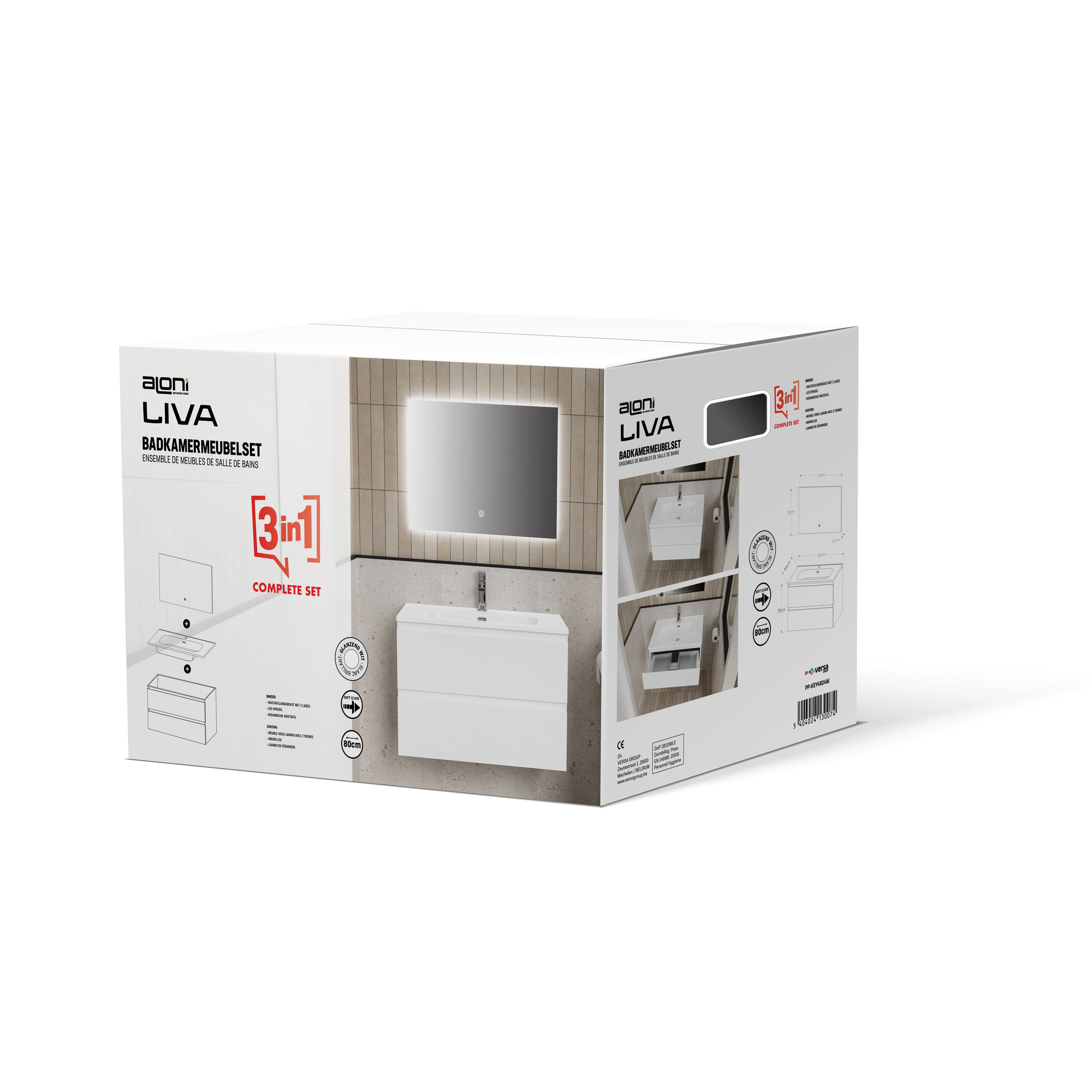 ALONI LIVA ENSEMBLE DE MEUBLE DE SALLE DE BAIN COMPLET – AVEC MEUBLE SOUS-VASQUE – AVEC VASQUE – AVEC MIROIR LED – 80 CM – BLANC BRILLANT vue 1