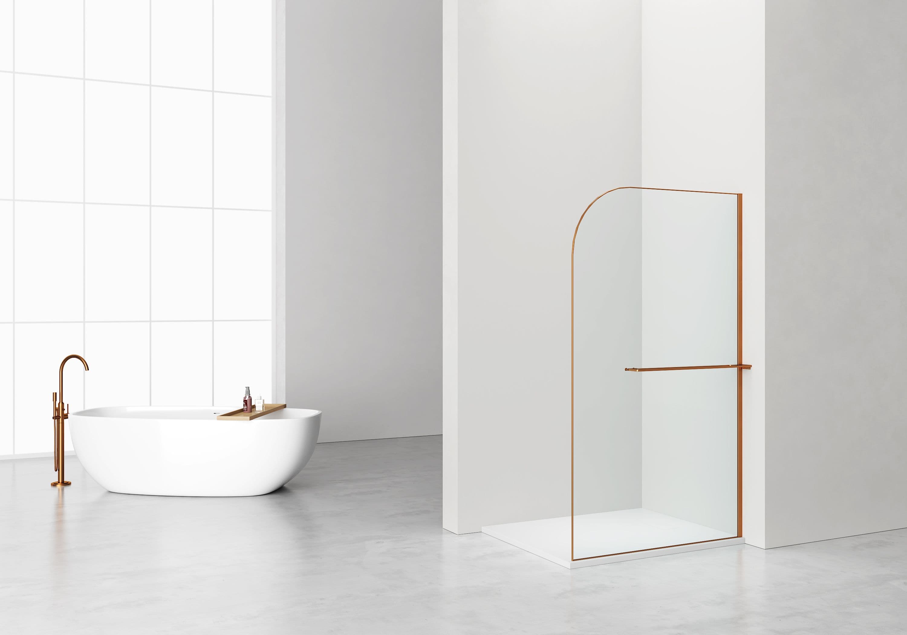 CURVY DOUCHE À L'ITALIENNE AVEC PORTE-SERVIETTE - COURBÉE - TRAITEMENT ANTI-CALCAIRE - RÉVERSIBLE - VERRE DE SÉCURITÉ 8MM - 120X200CM - CUIVRE BROSSÉ - VERRE CLAIR vue 1