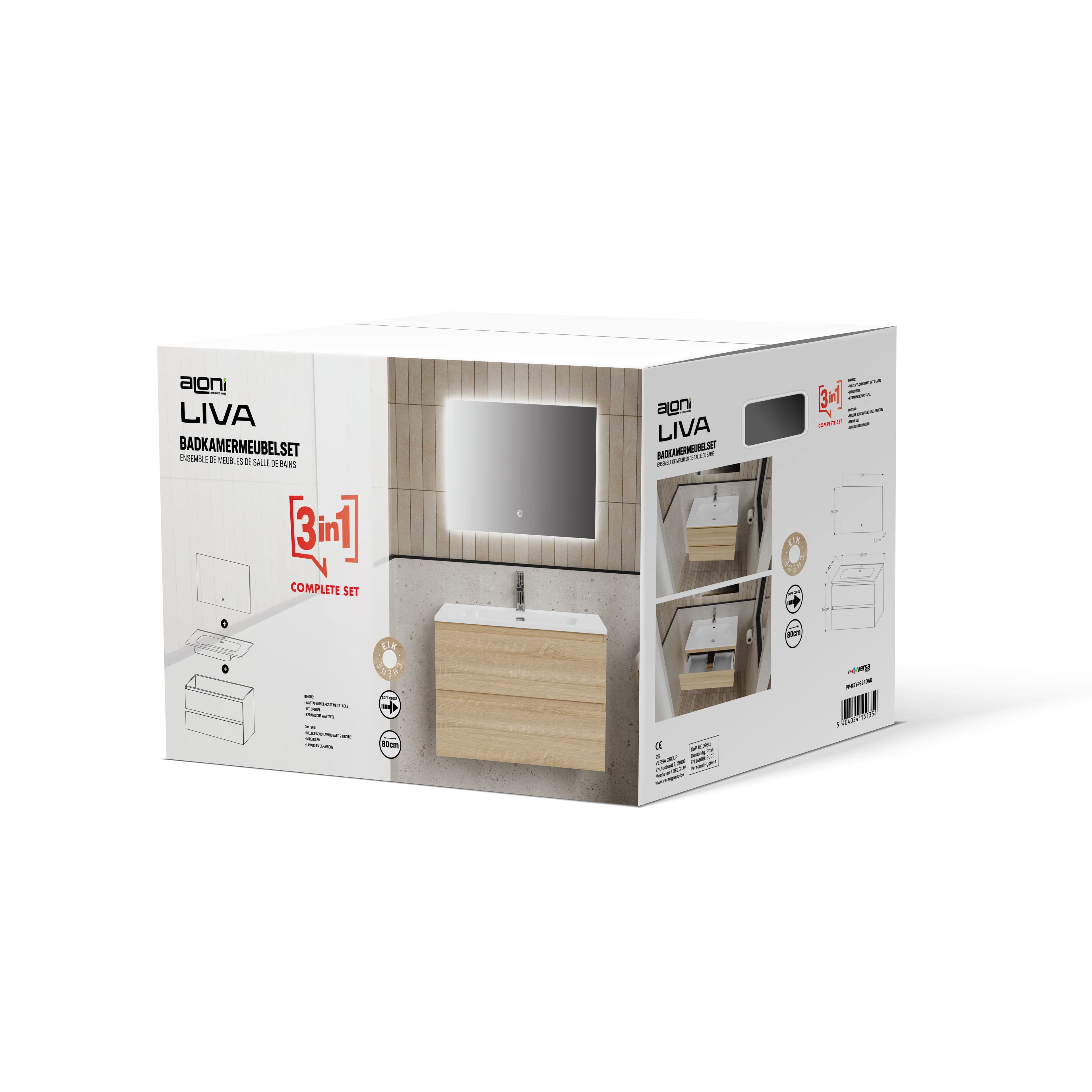 ALONI LIVA ENSEMBLE DE MEUBLE DE SALLE DE BAIN COMPLET – AVEC MEUBLE SOUS-VASQUE – AVEC VASQUE – AVEC MIROIR LED – 80 CM – CHÊNE vue 1
