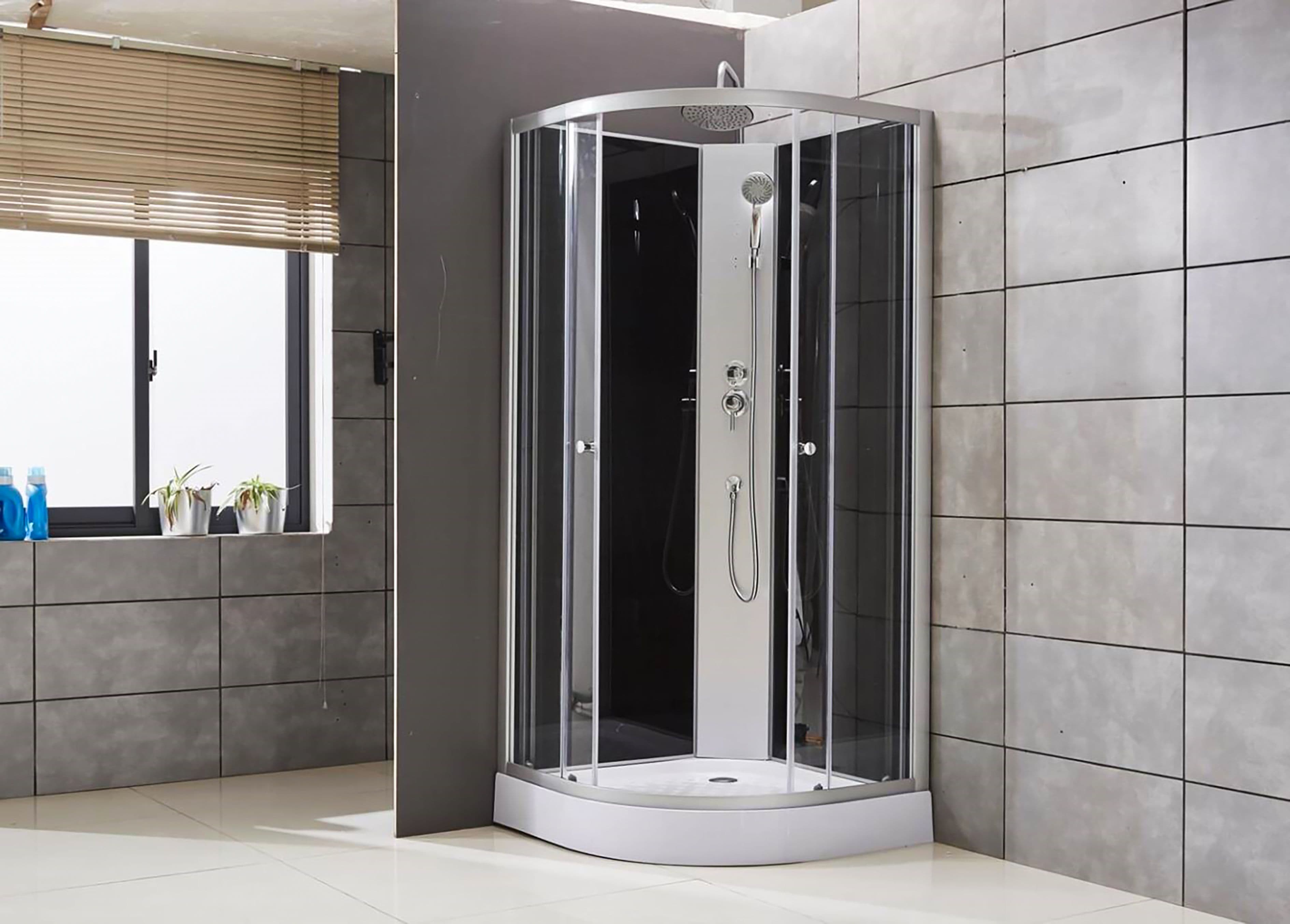 ALONI CABINE DE DOUCHE COMPLÈTE QUART DE ROND – AVEC DOUCHE DE PLUIE – 90X220X90 CM – CHROME MAT – PANNEAUX ARRIÈRE EN VERRE NOIR – PORTES COULISSANTES EN VERRE CLAIR vue 1