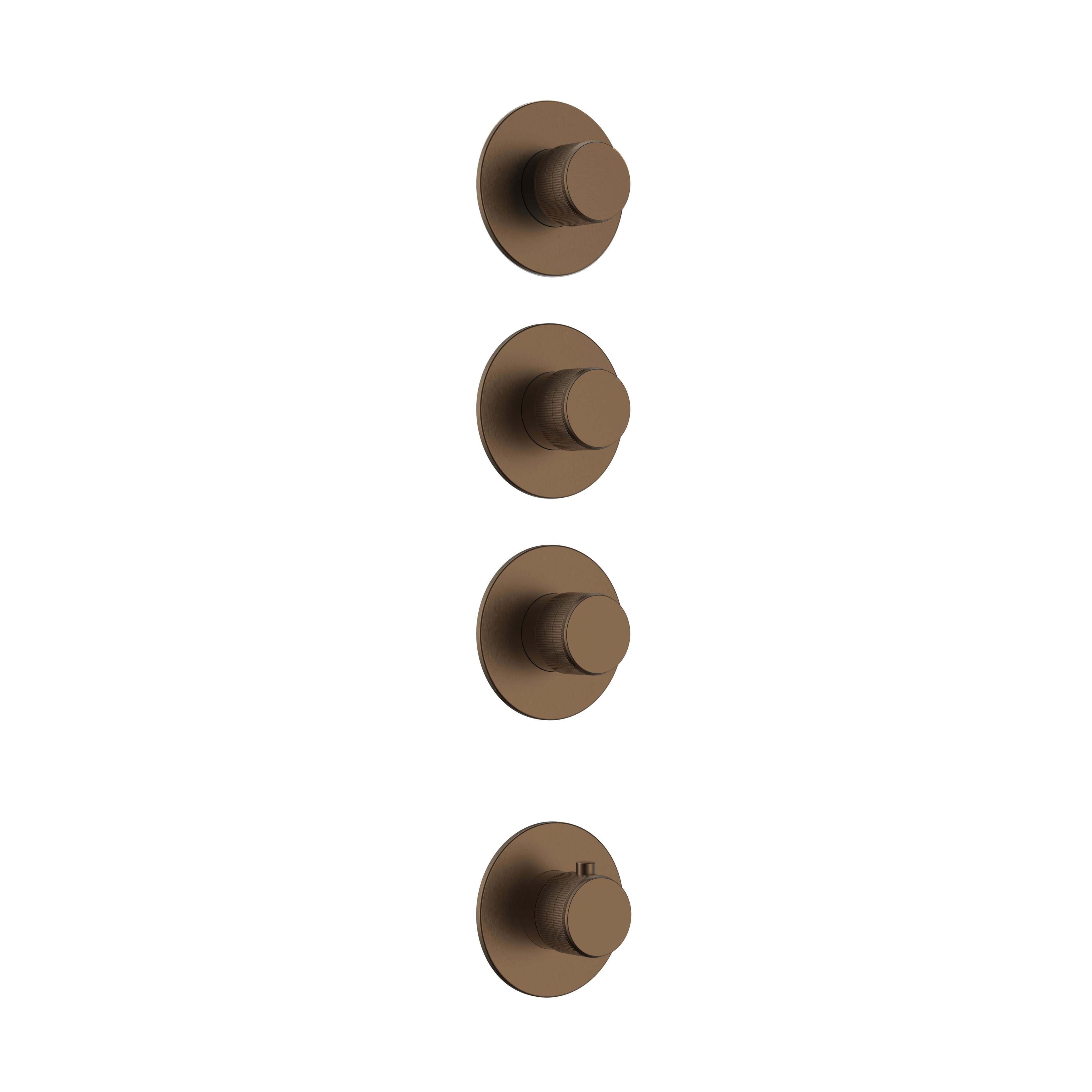 STRIA ÉLÉMENT DE FINITION POUR MITIGEUR DE DOUCHE – 3 VOIES AVEC 3 ROBINETS D’ARRÊT – THERMOSTATIQUE – ENCASTRÉ – RONDE – BOUTONS S AVEC STRUCTURE STRIÉE RAFFINÉE – BRUN BRONZÉ (PVD) vue 1