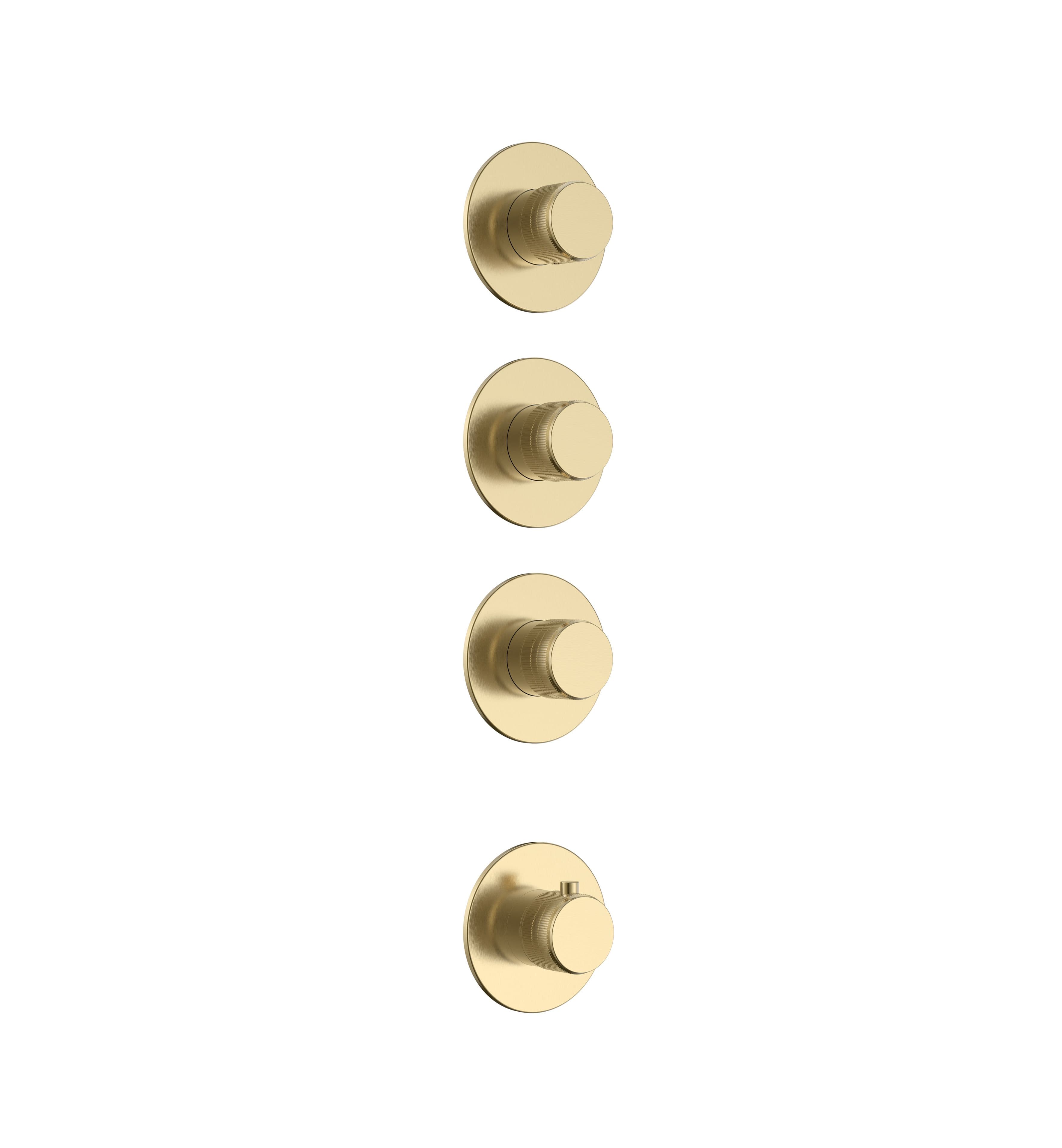STRIA ÉLÉMENT DE FINITION POUR MITIGEUR DE DOUCHE – 3 VOIES AVEC 3 ROBINETS D’ARRÊT – THERMOSTATIQUE – ENCASTRÉ – RONDE – BOUTONS S AVEC STRUCTURE STRIÉE RAFFINÉE – OR BROSSÉ (PVD) vue 1