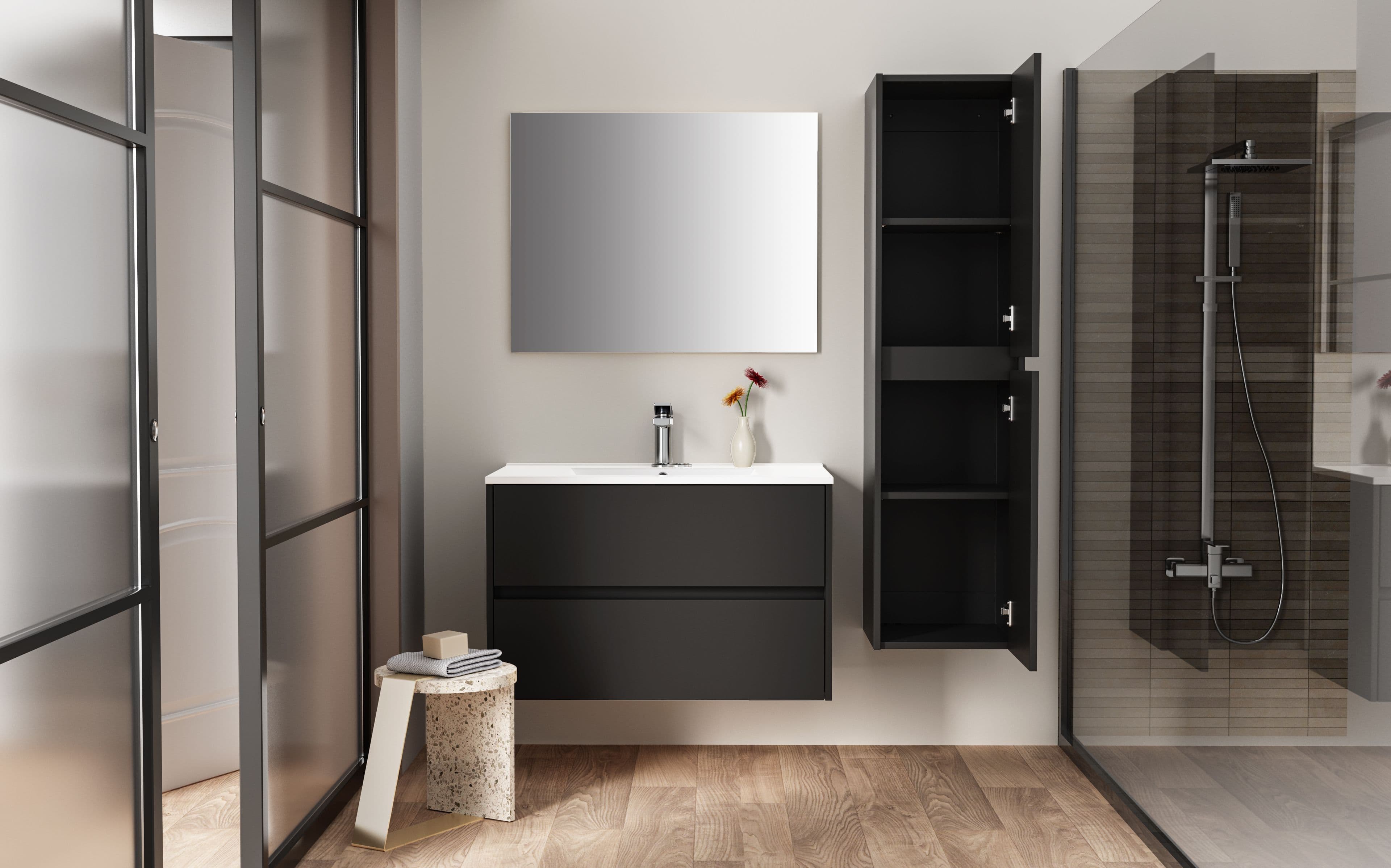 ALONI HAYAT COLONNE - 2 PORTES - SANS POIGNEE - SOFT CLOSE - RÉVERSIBLE - 35X135X35 CM - NOIR MAT vue 1
