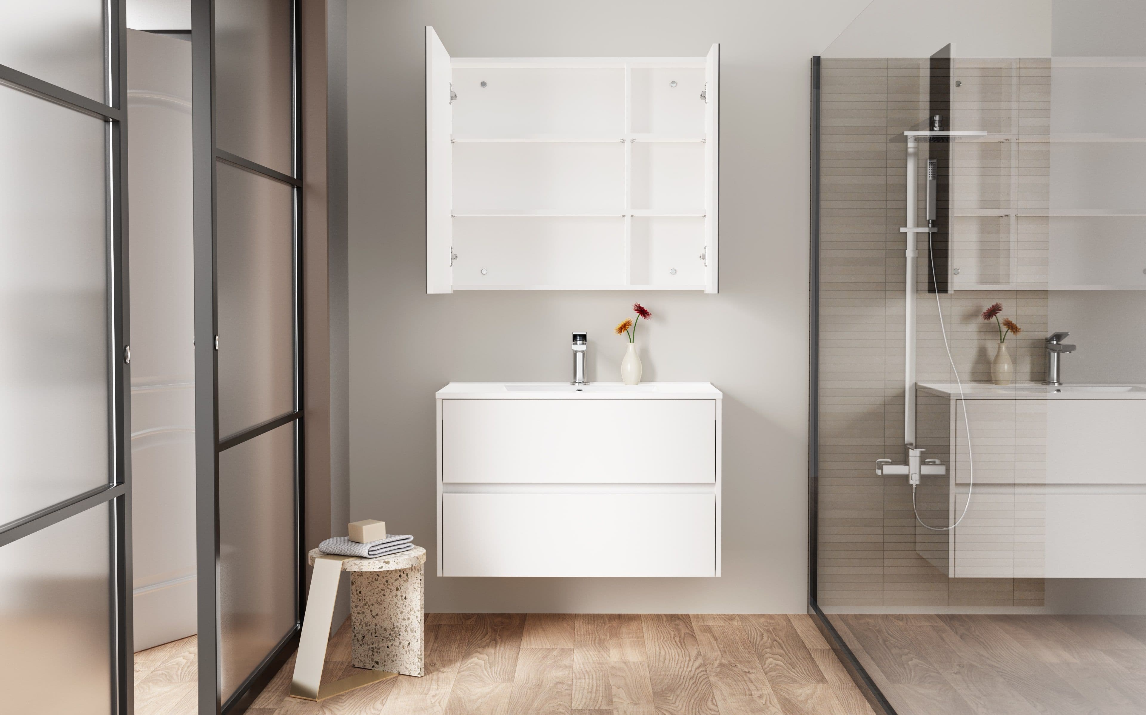 HAYAT ARMOIRE MIROIR - 2 PORTES MIROIRS ASYMÉTRIQUES, À UN SEUL CÔTÉ - 4 ÉTAGÈRES RÉGLABLES EN HAUTEUR - 80X70X15 CM - BLANC BRILLANT vue 1