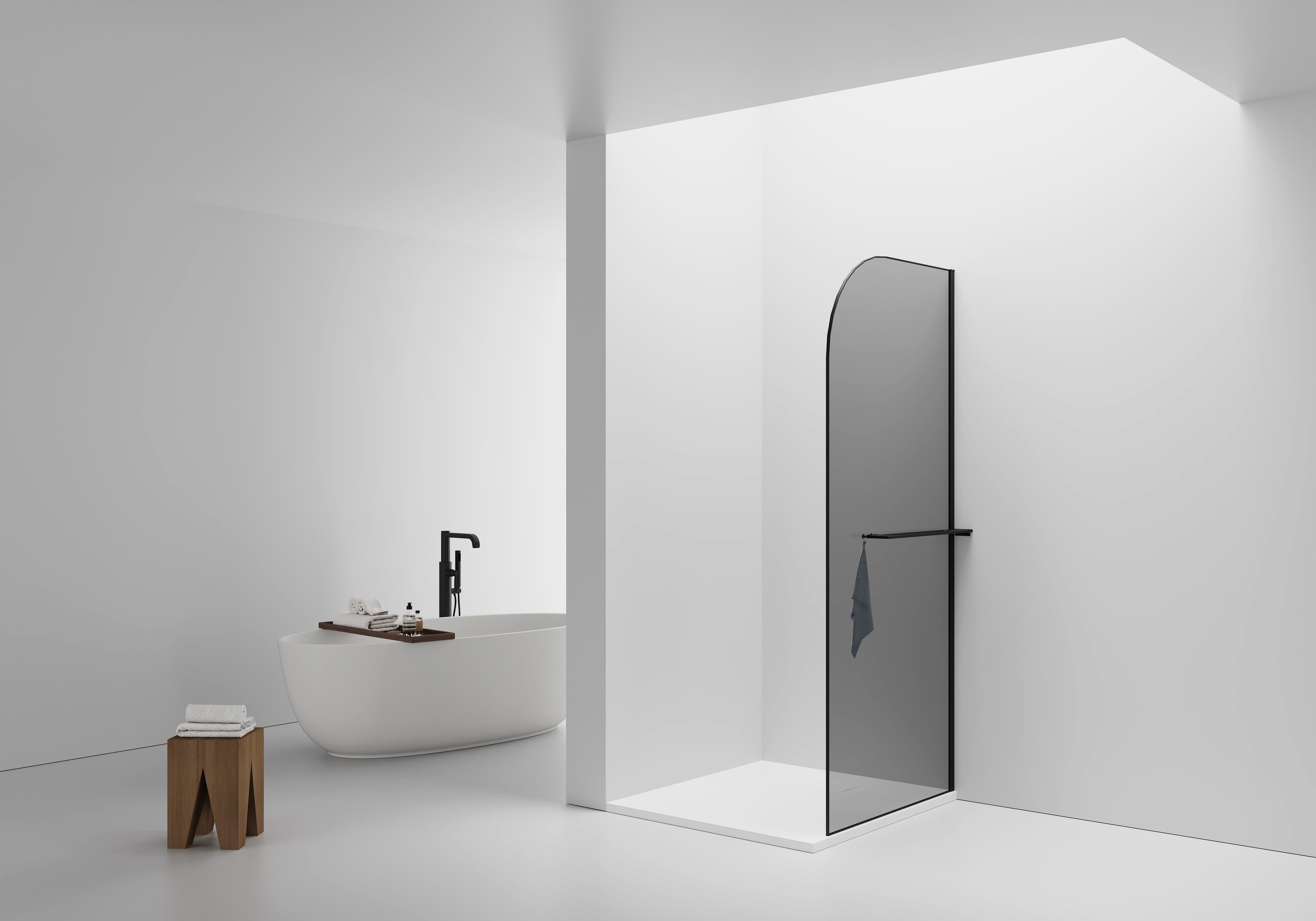CURVY DOUCHE À L'ITALIENNE AVEC PORTE-SERVIETTE - COURBÉE - TRAITEMENT ANTI-CALCAIRE - RÉVERSIBLE - VERRE DE SÉCURITÉ 8MM - 100X200CM - NOIR MAT - VERRE GRIS FUMÉ vue 1