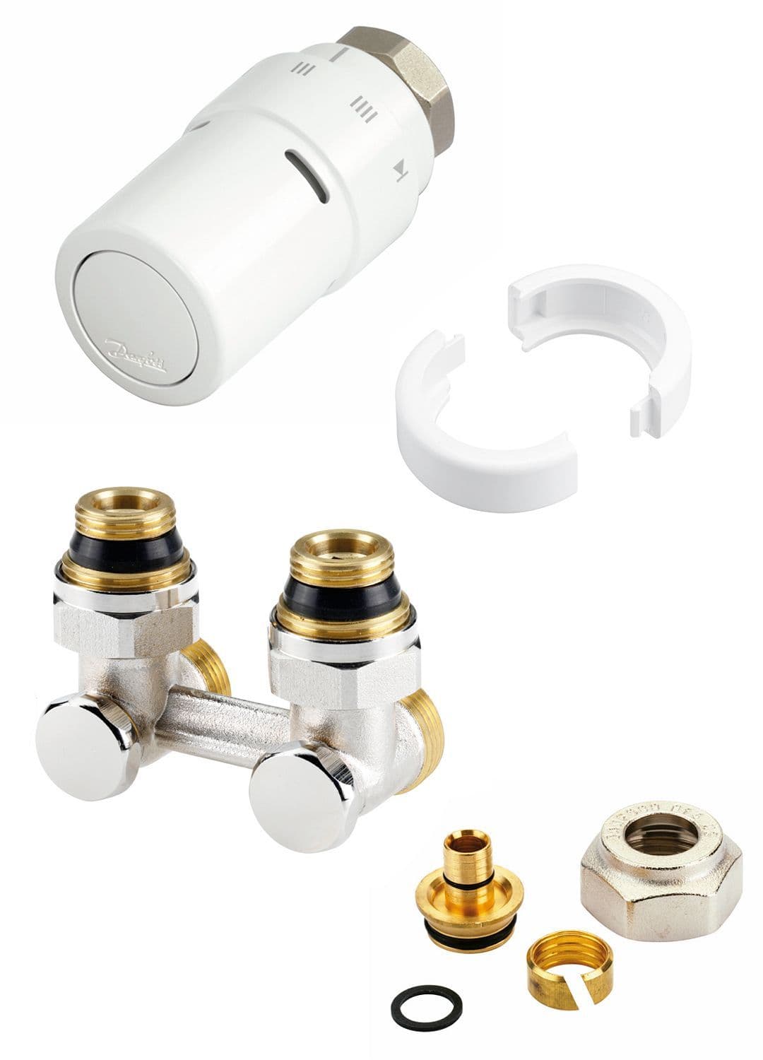 DESIGN KIT DE ROBINET THERMOSTAT.P.RADIATEUR UNIVERSAL INTEGRE 1/2"-3/4" +RACC.16MM DANFOSS EQUERRE vue 1