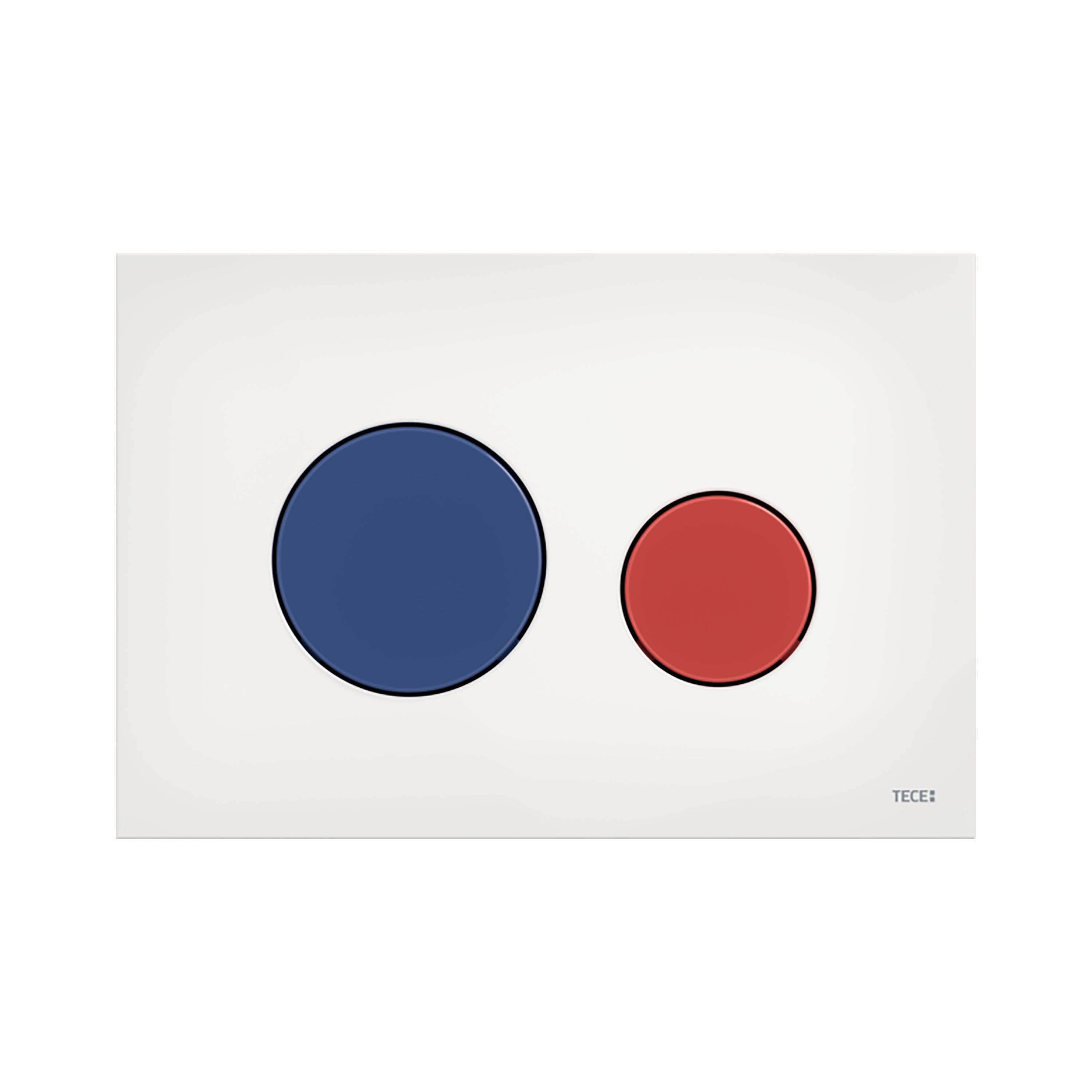 TECELOOP PLAQUE DE DÉCLENCHEMENT WC -DOUBLE CHASSE - BOUTON POUSSOIR ROUGE & BLEU - BLANC BRILLANT vue 1