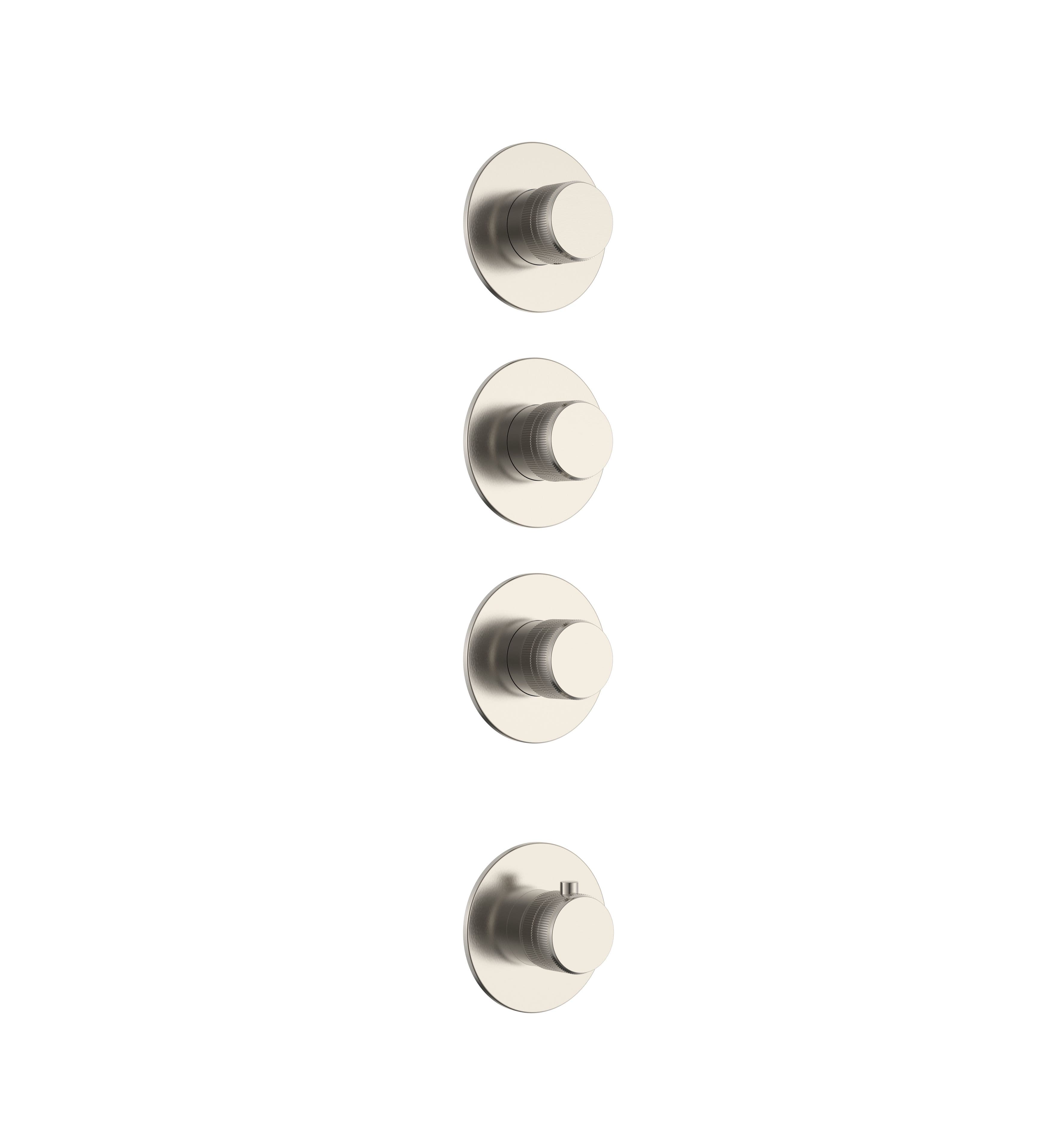 STRIA ÉLÉMENT DE FINITION POUR MITIGEUR DE DOUCHE – 3 VOIES AVEC 3 ROBINETS D’ARRÊT – THERMOSTATIQUE – ENCASTRÉ – RONDE – BOUTONS S AVEC STRUCTURE STRIÉE RAFFINÉE – ACIER INOX BROSSÉ vue 1