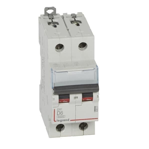 Disjoncteur DX³ 6000A / 10kA 2 pôles courbe D 06A 400V 2 modules vue 1