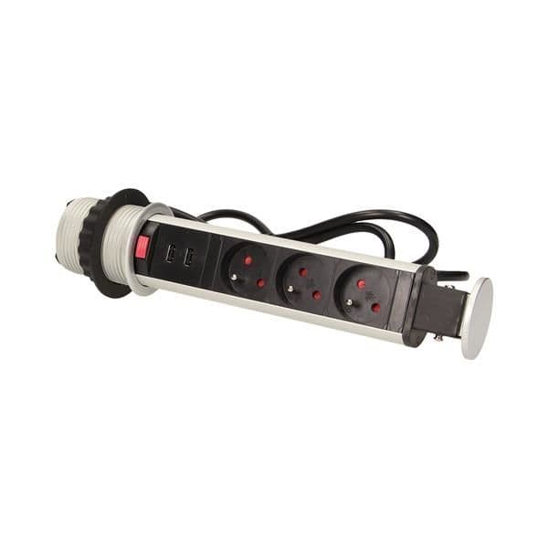 Prise de bureau escamotable Ø 6cm avec chargeurs Usb et câble de 1,8m 3 x prises 16A 3680W IP20 vue 1