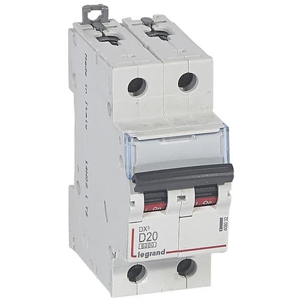 Disjoncteur DX³ 6000A / 10kA 2 pôles courbe D 20A 400V 2 modules vue 1