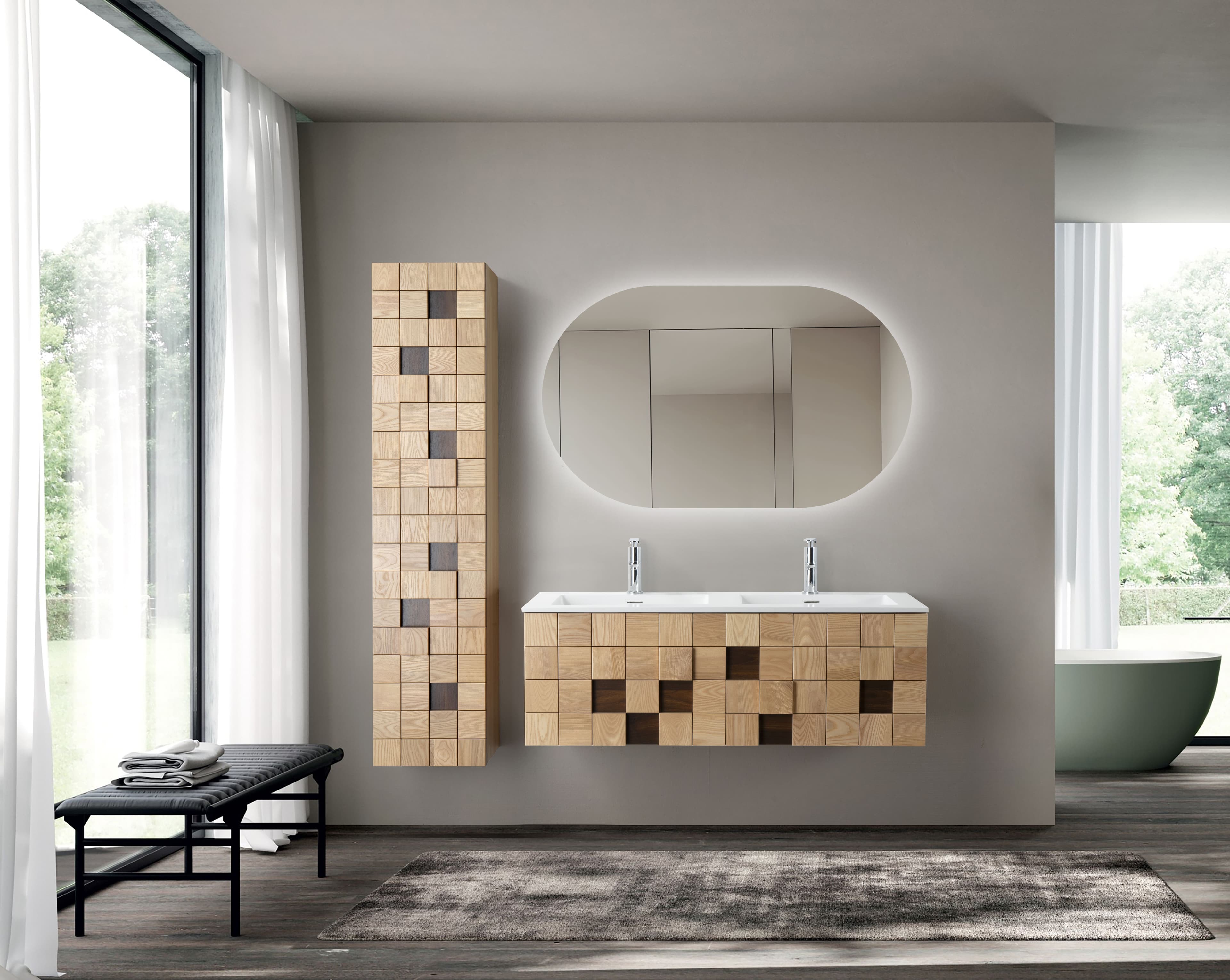 WONDA ROUND SLIM LAVABO - 1 VASQUE - AVEC TROP-PLEIN - 2 TROUS ROBINET - MARBRE COMPOSITE - 120X1,6X52,5 CM - BLANC MAT vue 1