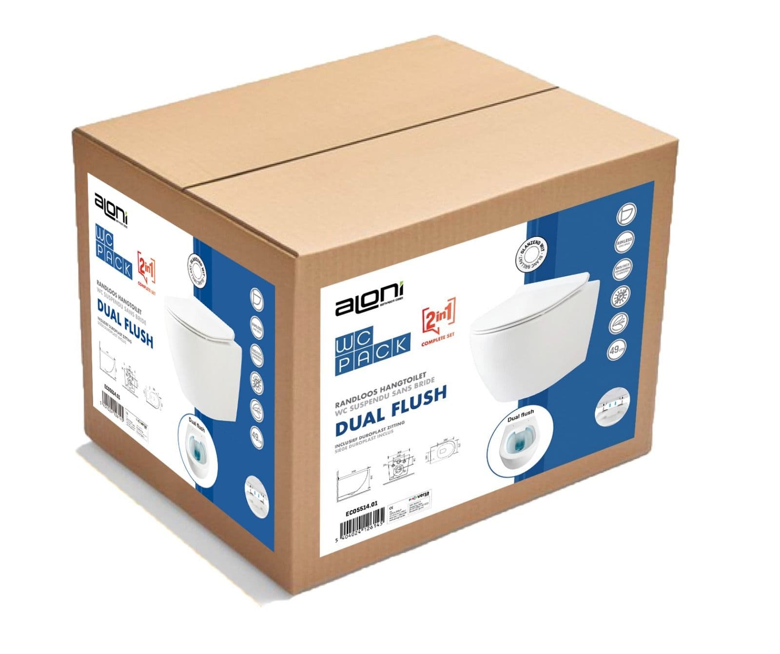 ALONI ECO WC SUSPENDU – SANS BRIDE – AVEC ABATTANT – DUROPLAST – SOFT CLOSE – QUICK RELEASE – COMPACT 49 CM – 36X36X49 CM – BLANC BRILLANT vue 1