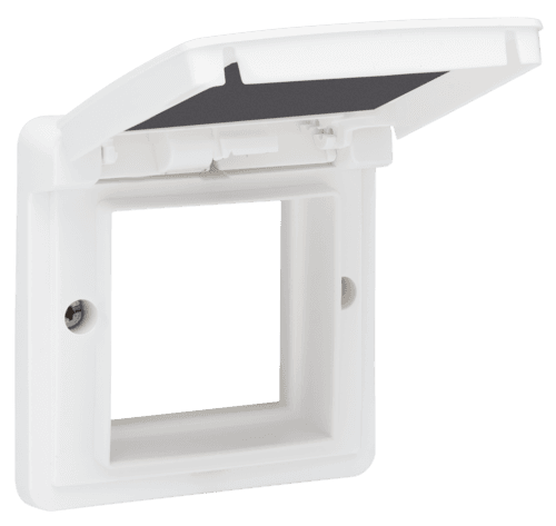 Cadre d’adaptation avec clapet pour fonctions 45 x 45 mm dans des boîtes de montage étanches, couleur blanc vue 1