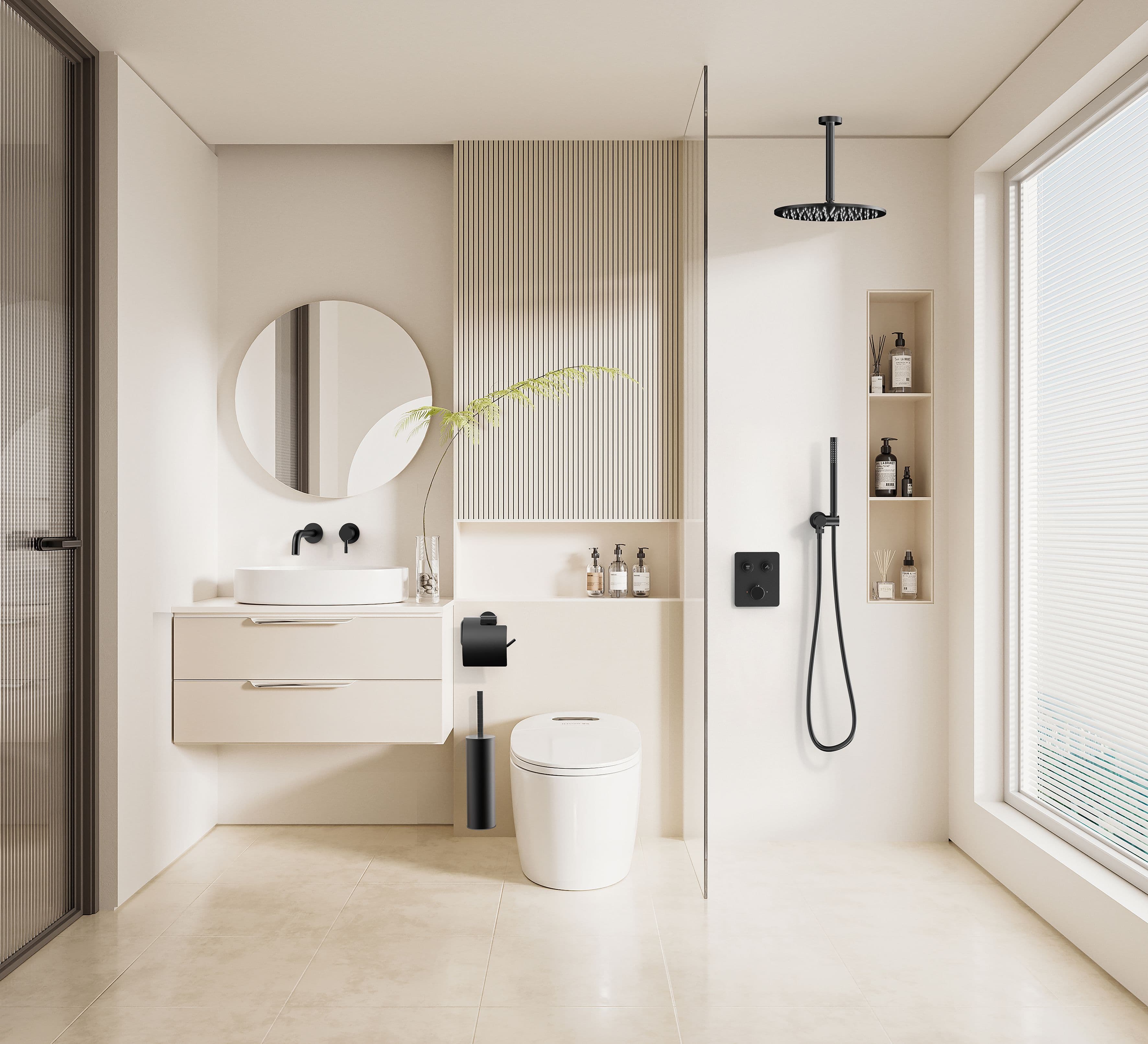 STRIA MITIGEUR DE DOUCHE – 2 VOIES – THERMOSTATIQUE – BOUTONS POUSSOIRS S AVEC STRUCTURE STRIÉE RAFFINÉE – AVEC BOÎTIER D’ENCASTREMENT ET ÉLÉMENT DE FINITION – RECTANG.– BELGAQUA - NOIR MAT (PVD) vue 1