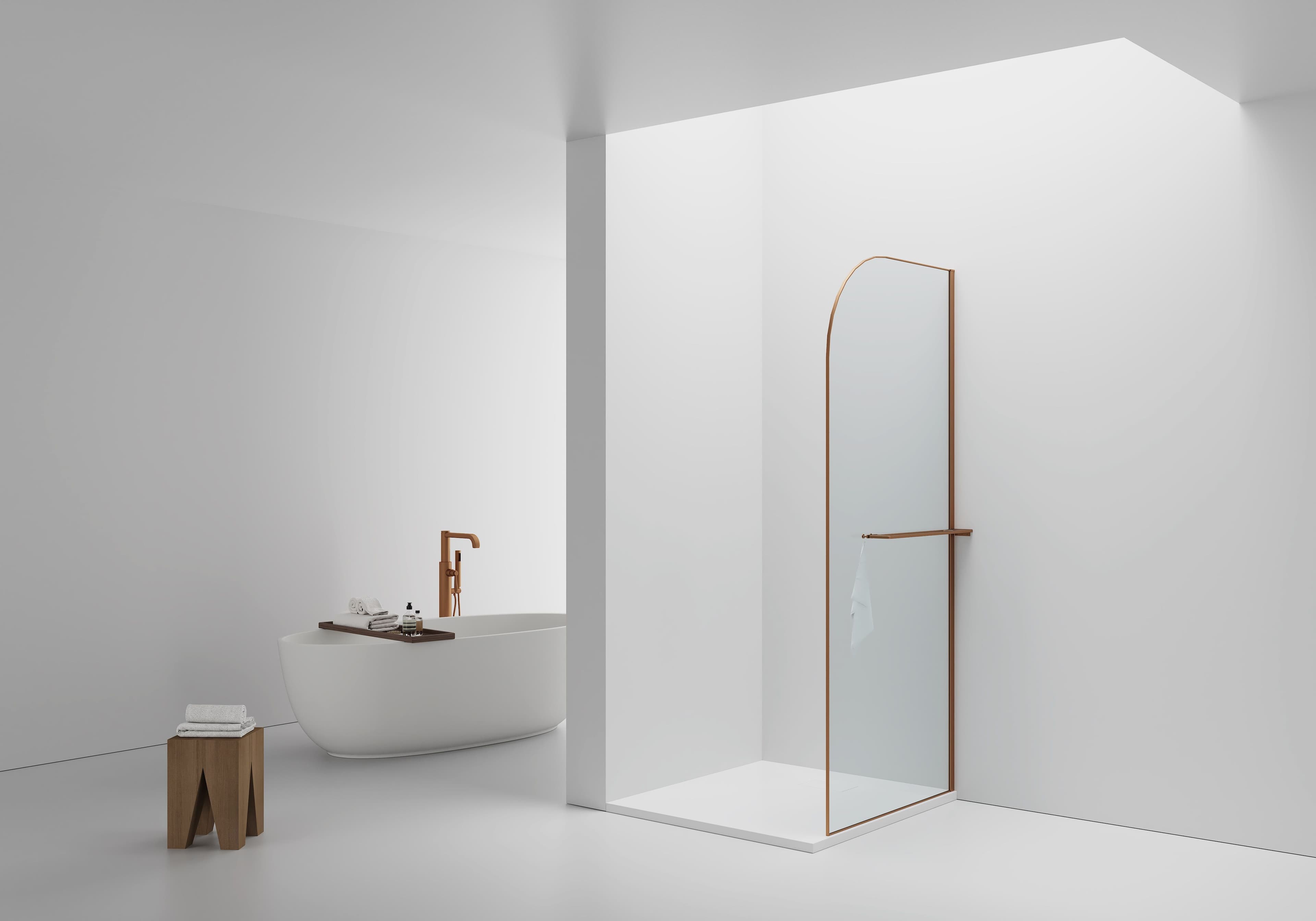 CURVY DOUCHE À L'ITALIENNE AVEC PORTE-SERVIETTE - COURBÉE - TRAITEMENT ANTI-CALCAIRE - RÉVERSIBLE - VERRE DE SÉCURITÉ 8MM - 100X200CM - CUIVRE BROSSÉ - VERRE CLAIR vue 1