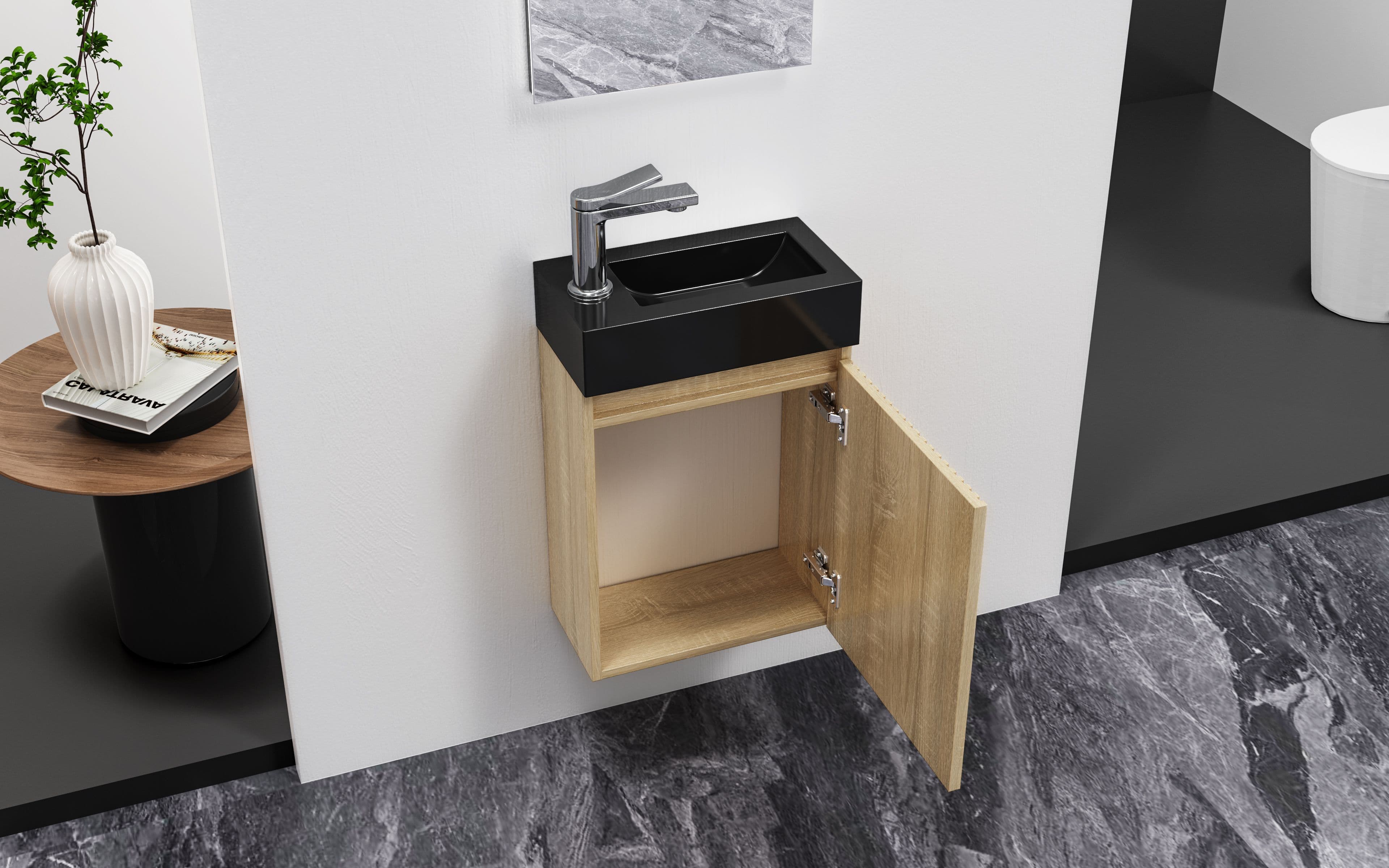 ALONI MIKARO MEUBLE DE TOILETTE - 1 PORTE - RÉVERSIBLE - SANS POIGNÉE - SOFT CLOSE - 40X50X22,3 CM - CHÊNE CLAIR vue 1
