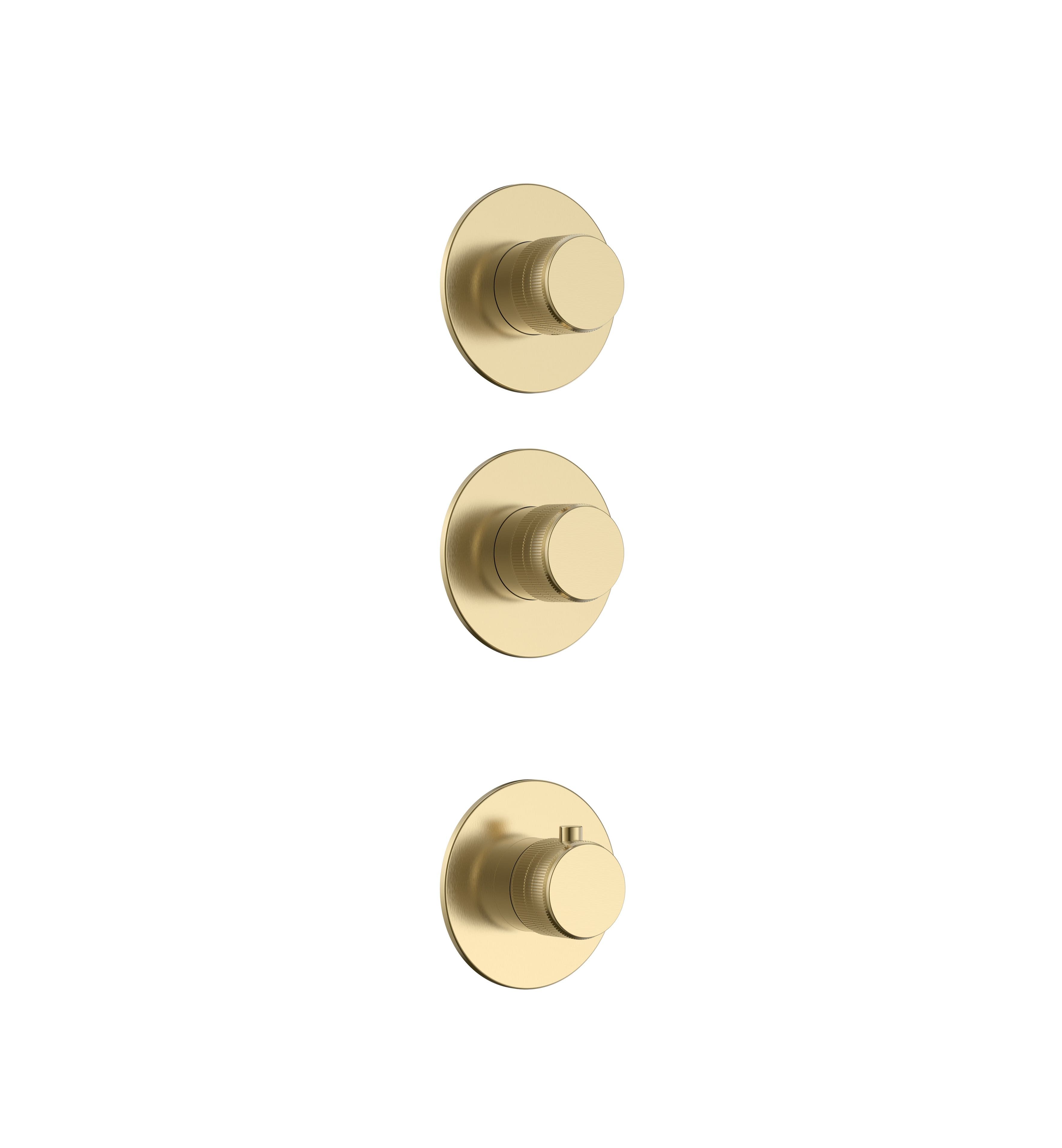 STRIA ÉLÉMENT DE FINITION POUR MITIGEUR DE DOUCHE – 2 VOIES AVEC 2 ROBINETS D’ARRÊT – THERMOSTATIQUE – ENCASTRÉ – RONDE – BOUTONS S AVEC STRUCTURE STRIÉE RAFFINÉE – OR BROSSÉ (PVD) vue 1