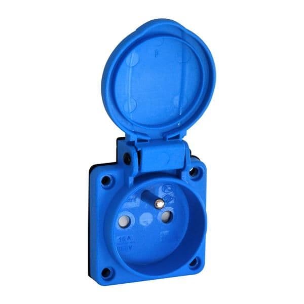 Prise encastrable France - Belgique 1 x 16A 220 - 240Vac 2 pôles + T Bleu avec protection enfant et vue 1