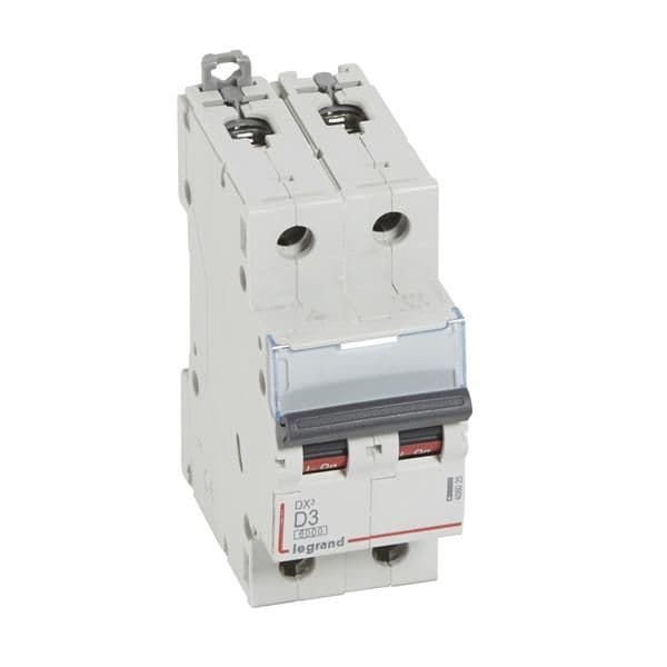 Disjoncteur DX³ 6000A / 10kA 2 pôles courbe D 03A 400V 2 modules vue 1