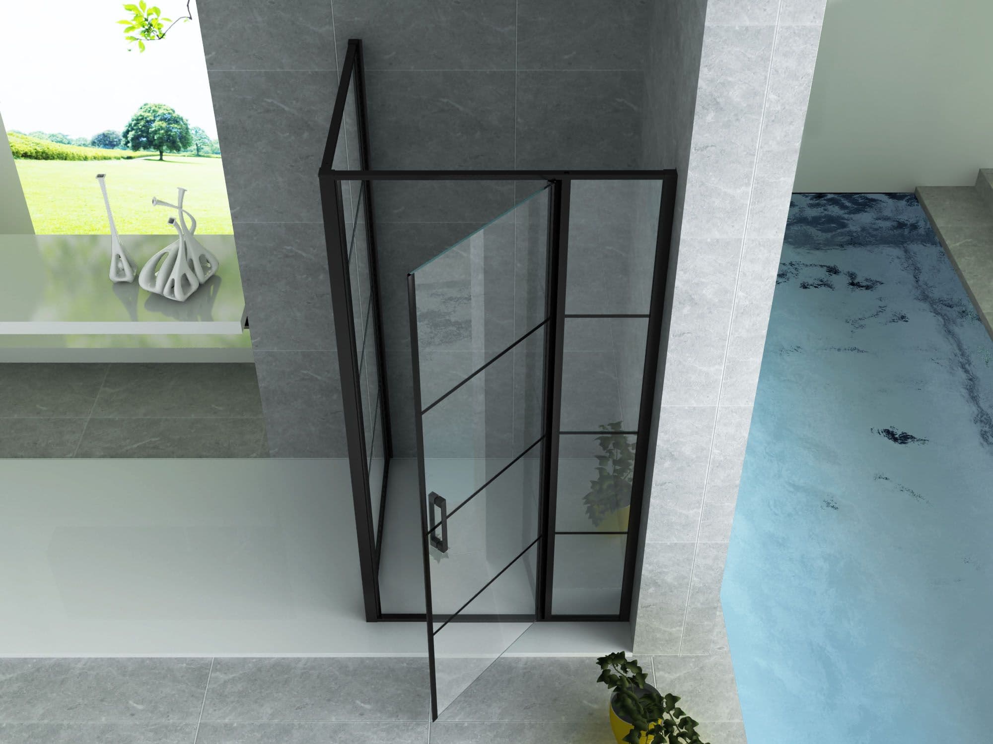 ALONI CABINE DE DOUCHE – PORTE PIVOTANTE ET PAROI LATÉRALE - 900X1200X2000MM - NOIR MAT-VERRE CLAIR vue 1