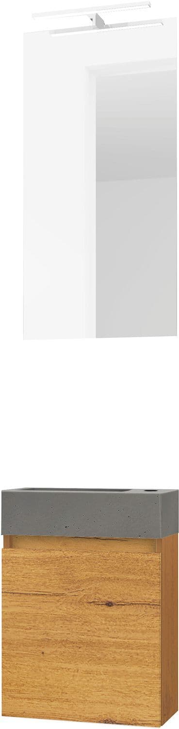 LAVE-MAINS FORM MINI BETON/ 1 PORT/MIROIR/LUMIERE LED CHENE GOLD vue 1