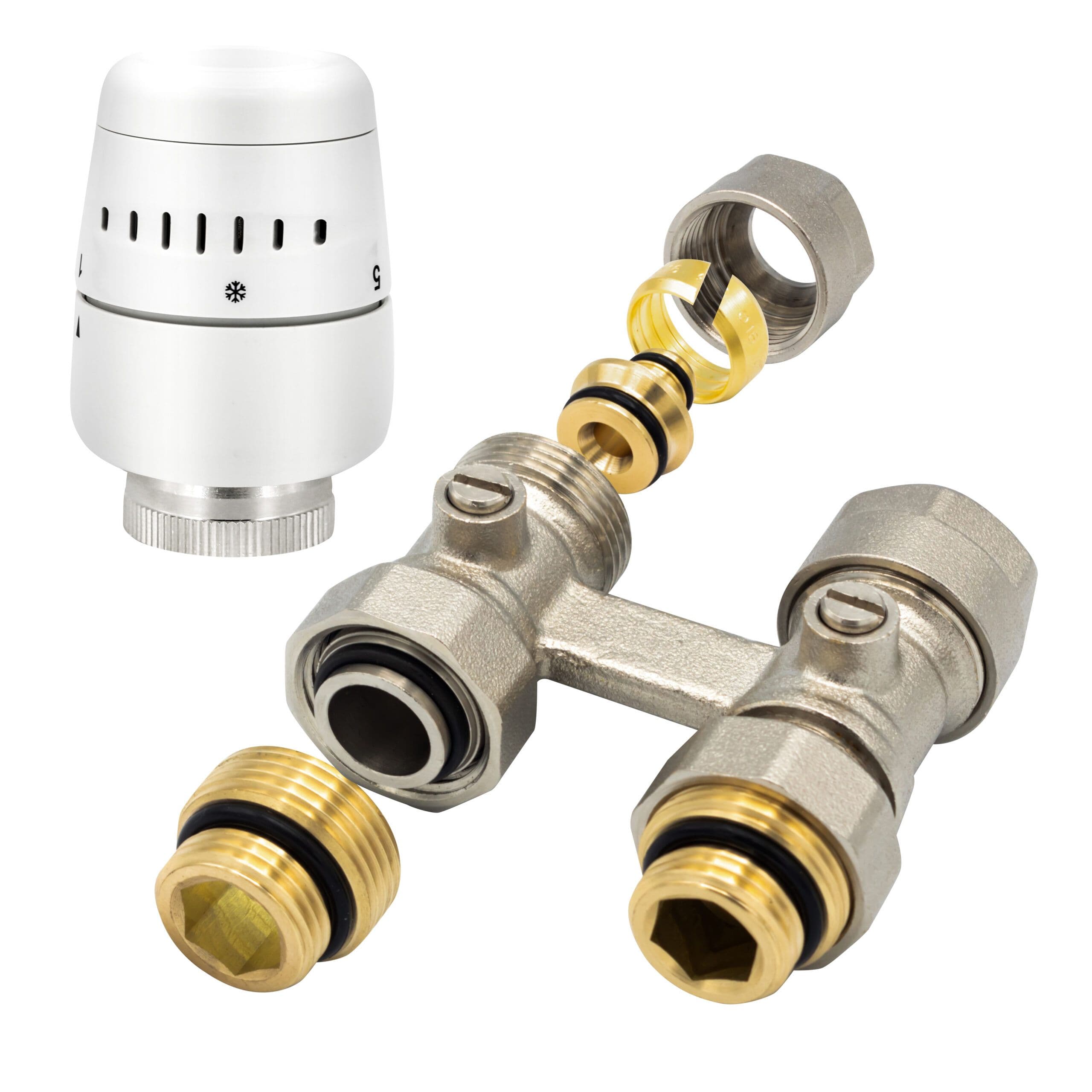 BELRAD H-BLOC – KIT DE RACCORDEMENT DE RADIATEUR COMPLET – AVEC TÊTE THERMOSTATIQUE – DROIT - RACCORDEMENT AU SOL – M30 – 1/2MX16/2 – NICKEL/BLANCc vue 1