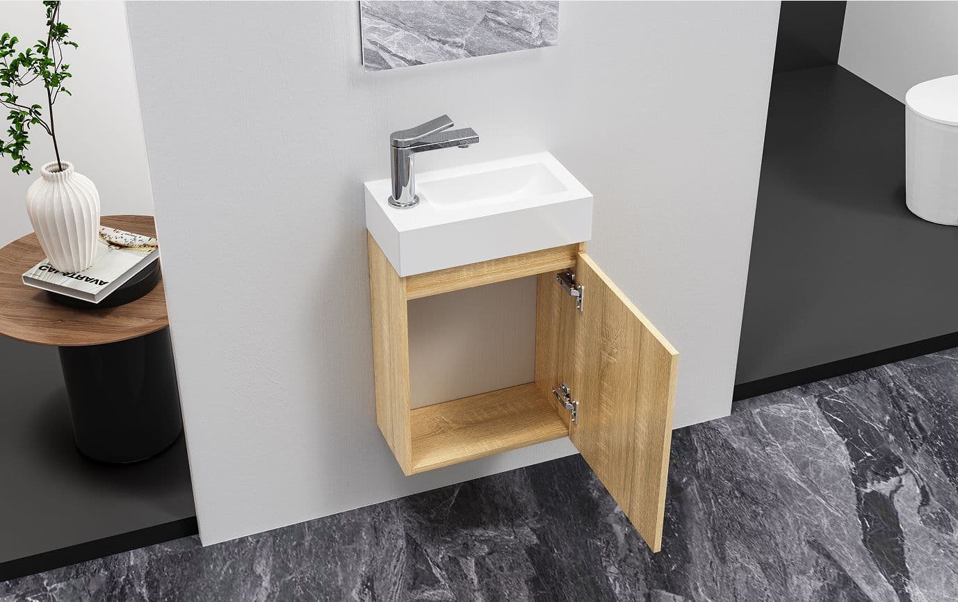 ALONI ZYRO ENSEMBLE DE MEUBLE DE TOILETTE - COMPLÈT - MEUBLE SOUS-VASQUE AVEC 1 PORTE - SANS POIGNÉE - SOFT CLOSE - RÉVERSIBLE - MIROIR - LAVE MAINS - 40,5X22,5 CM - CHÊNE CLAIR/BLANC BRILLANT vue 1