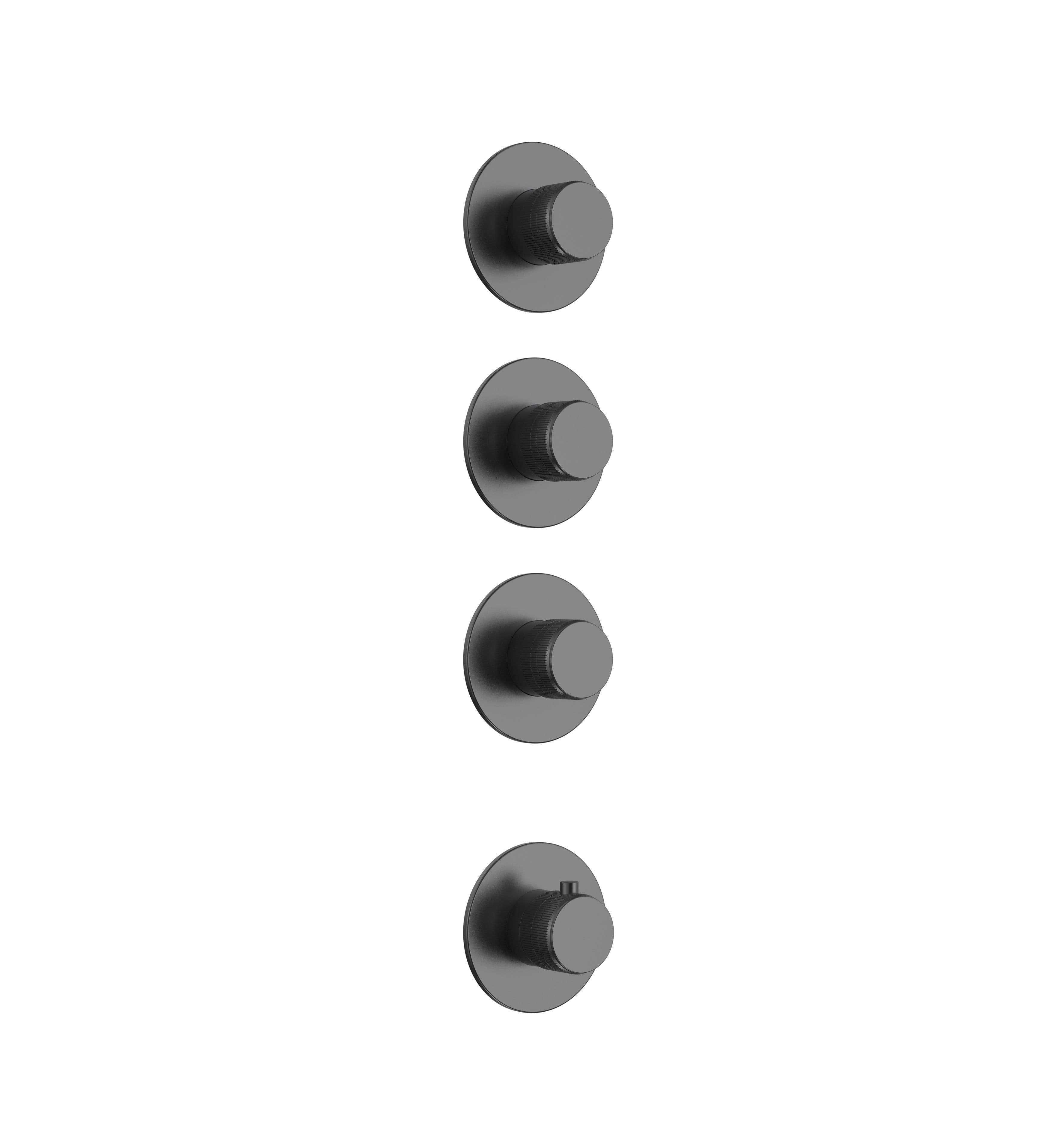 STRIA ÉLÉMENT DE FINITION POUR MITIGEUR DE DOUCHE – 3 VOIES AVEC 3 ROBINETS D’ARRÊT – THERMOSTATIQUE – ENCASTRÉ – RONDE – BOUTONS S AVEC STRUCTURE STRIÉE RAFFINÉE – GUNMETAL (PVD) vue 1