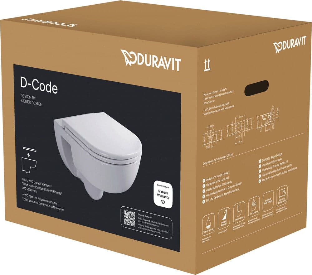 Duravit D-Code pack WC suspendu sans bride Soft Close & Take Off vue 1