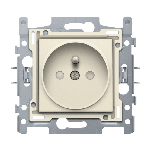Prise de courant avec broche de terre et obturateurs de protection, profondeur d’encastrement de 21 mm, socle, bornes à vis et set de finition, , fixation par griffes, couleur cream vue 1