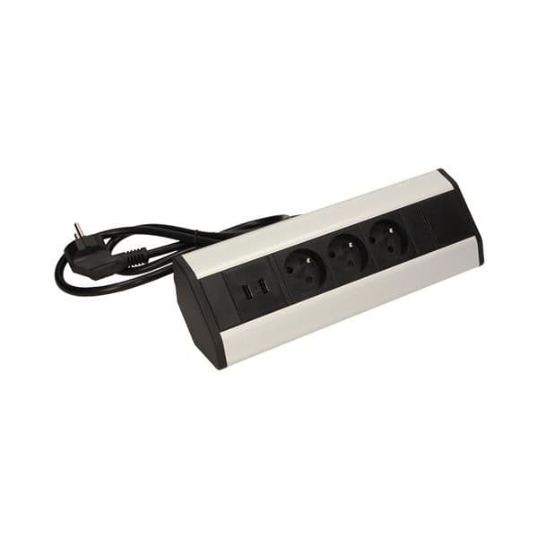 Furniture socket with Usb charger and 1.8m cable. 3 x 250Vac / 16A; 3680W; IP20; 2 x Usb; cabel leng vue 1