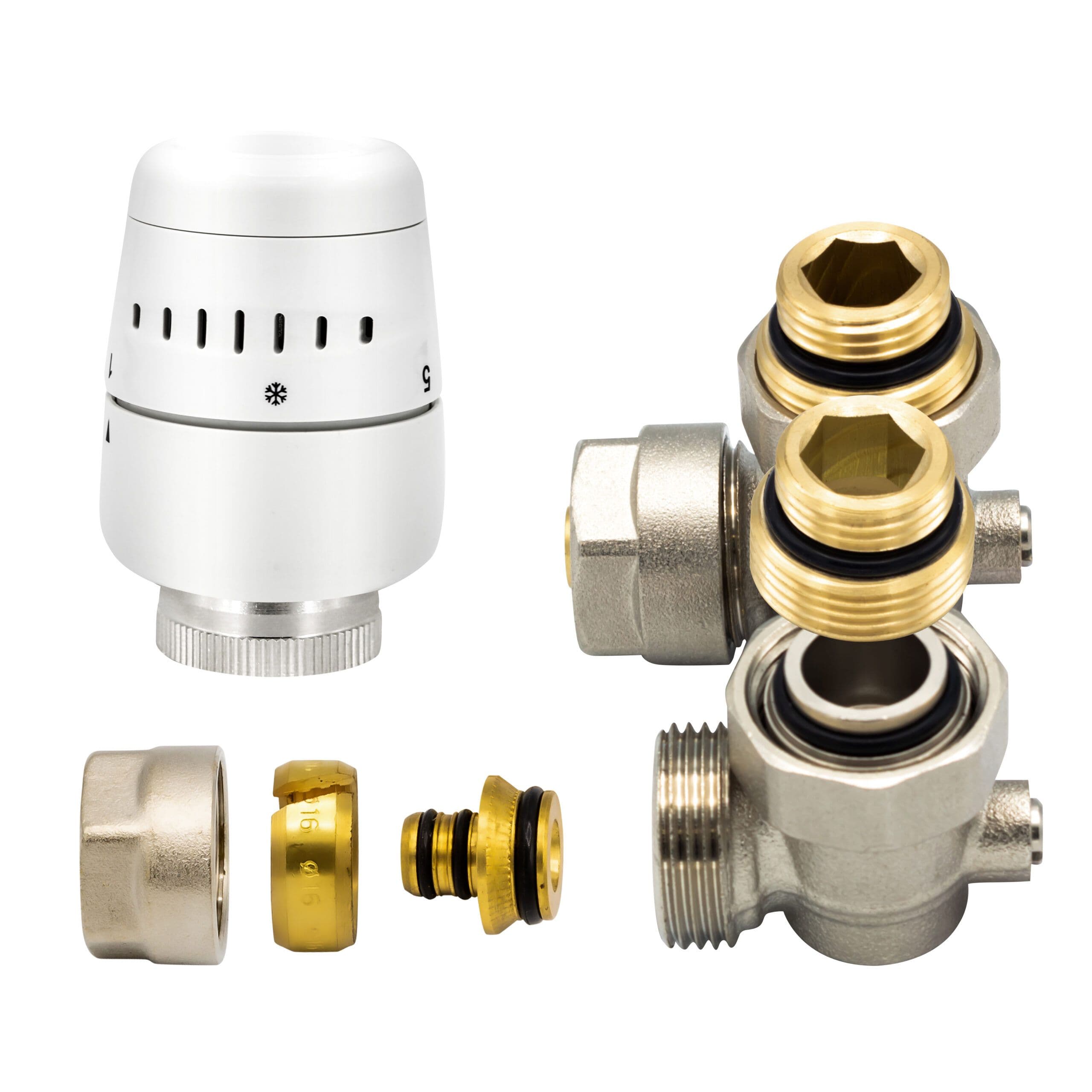 BELRAD H-BLOC – KIT DE RACCORDEMENT DE RADIATEUR COMPLET – AVEC TÊTE THERMOSTATIQUE – EQUERRE – RACCORDEMENT MURAL - M30 – 1/2MX16/2 – NICKEL/BLANC vue 1