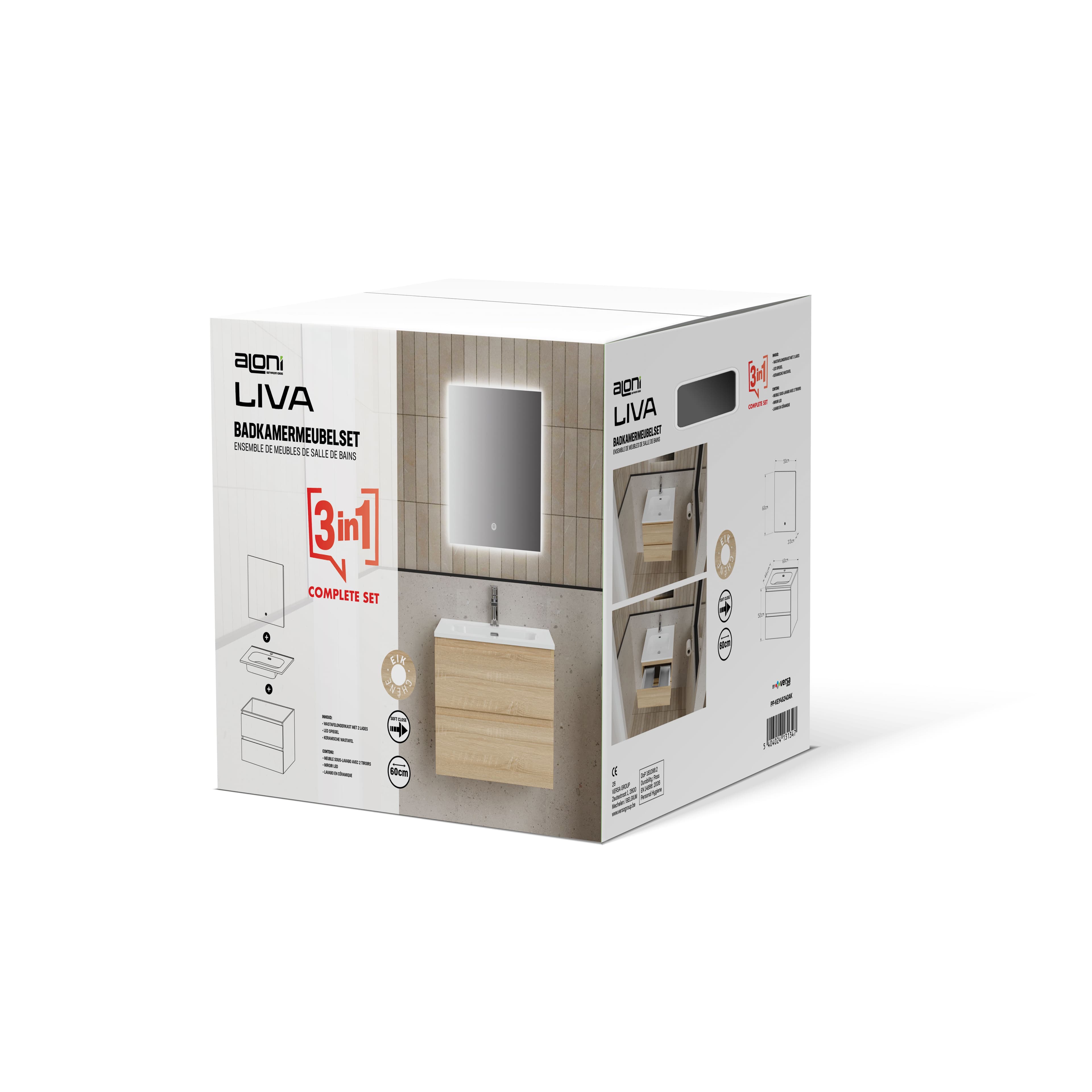 ALONI LIVA ENSEMBLE DE MEUBLE DE SALLE DE BAIN COMPLET – AVEC MEUBLE SOUS-VASQUE – AVEC VASQUE – AVEC MIROIR LED – 60 CM – CHÊNE vue 1