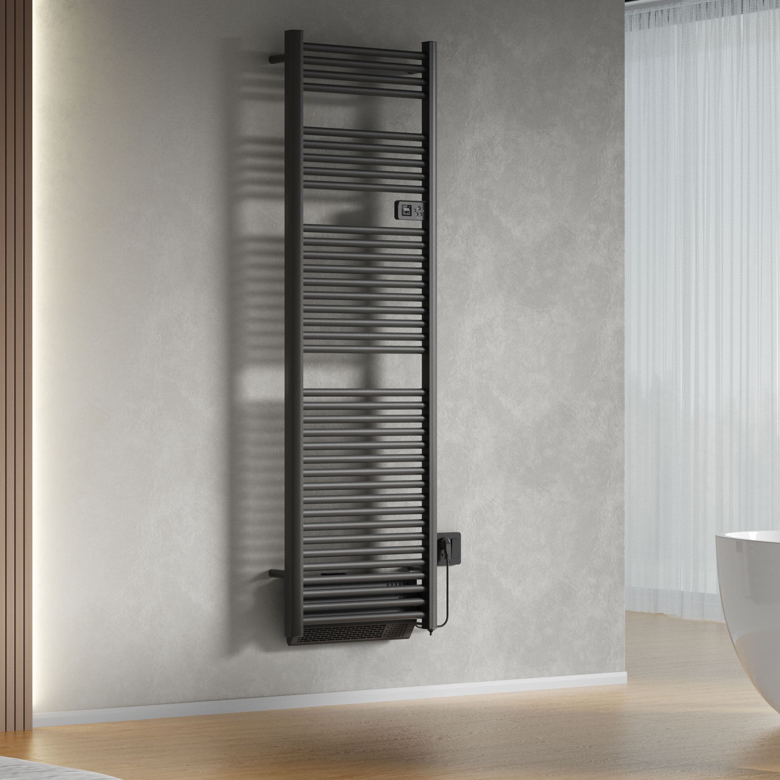 BELRAD SÈCHE-SERVIETTES ÉLECTRIQUE AVEC SOUFFLEUR – AVEC THERMOSTAT NUMÉRIQUE PROGRAMMABLE – SMART WIFI - 2000W – 1840X540X133 MM – NOIR MAT vue 1