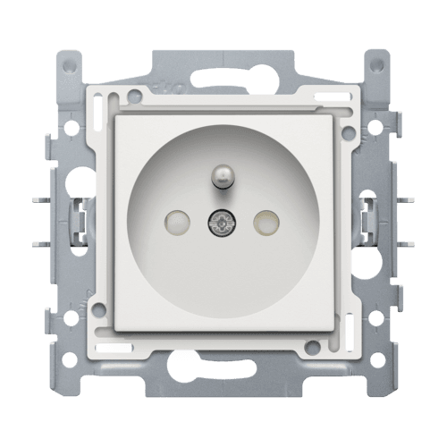 Prise de courant avec broche de terre et obturateurs de protection, profondeur d’encastrement de 28,5 mm, socle avec bornes à connexion rapide et set de finition, fixation par griffes, couleur white vue 1